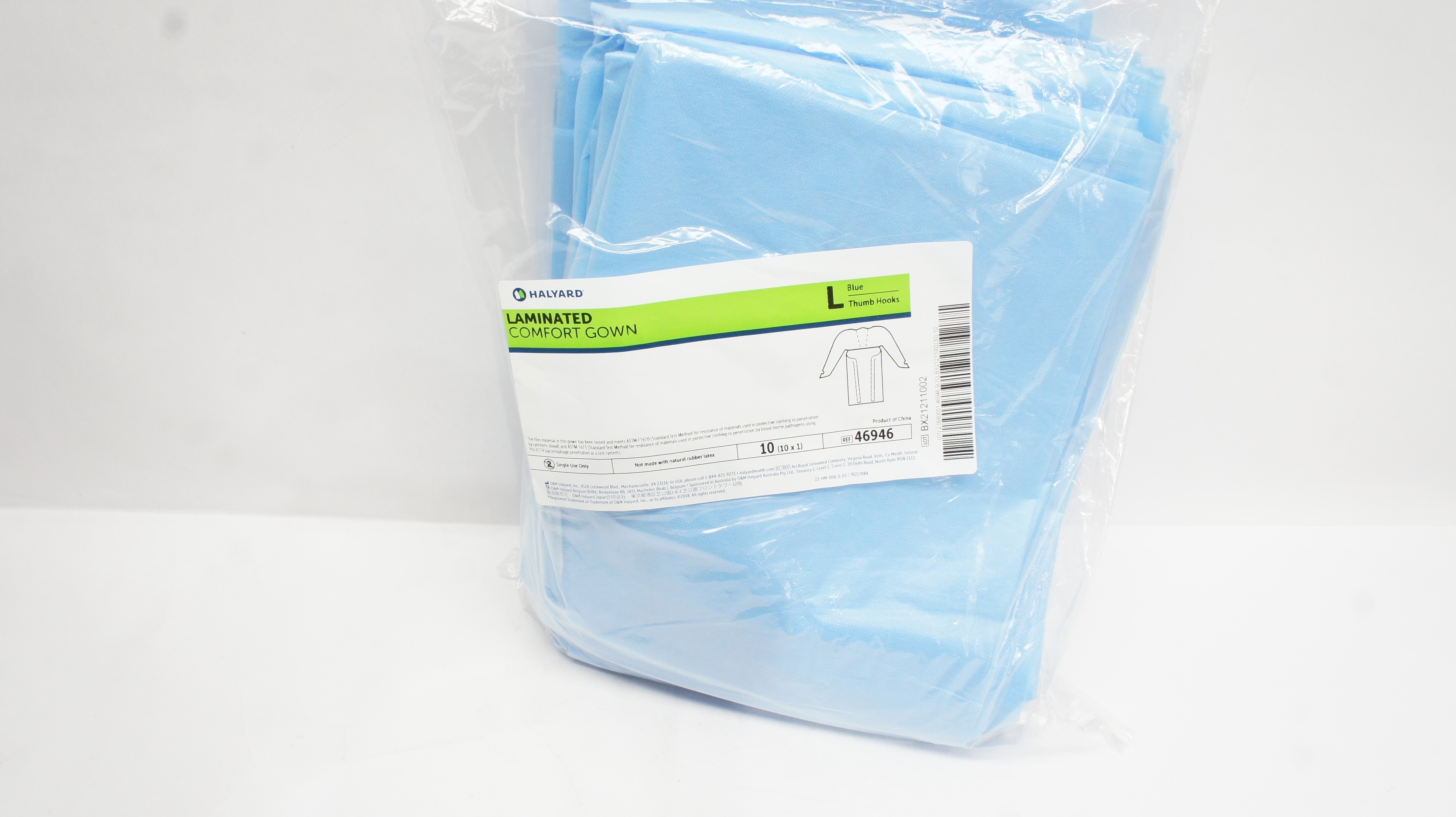 Halyard 46946 Laminated Comfort Gown Size L,Blue,Thumb Hooks - Pack of 10