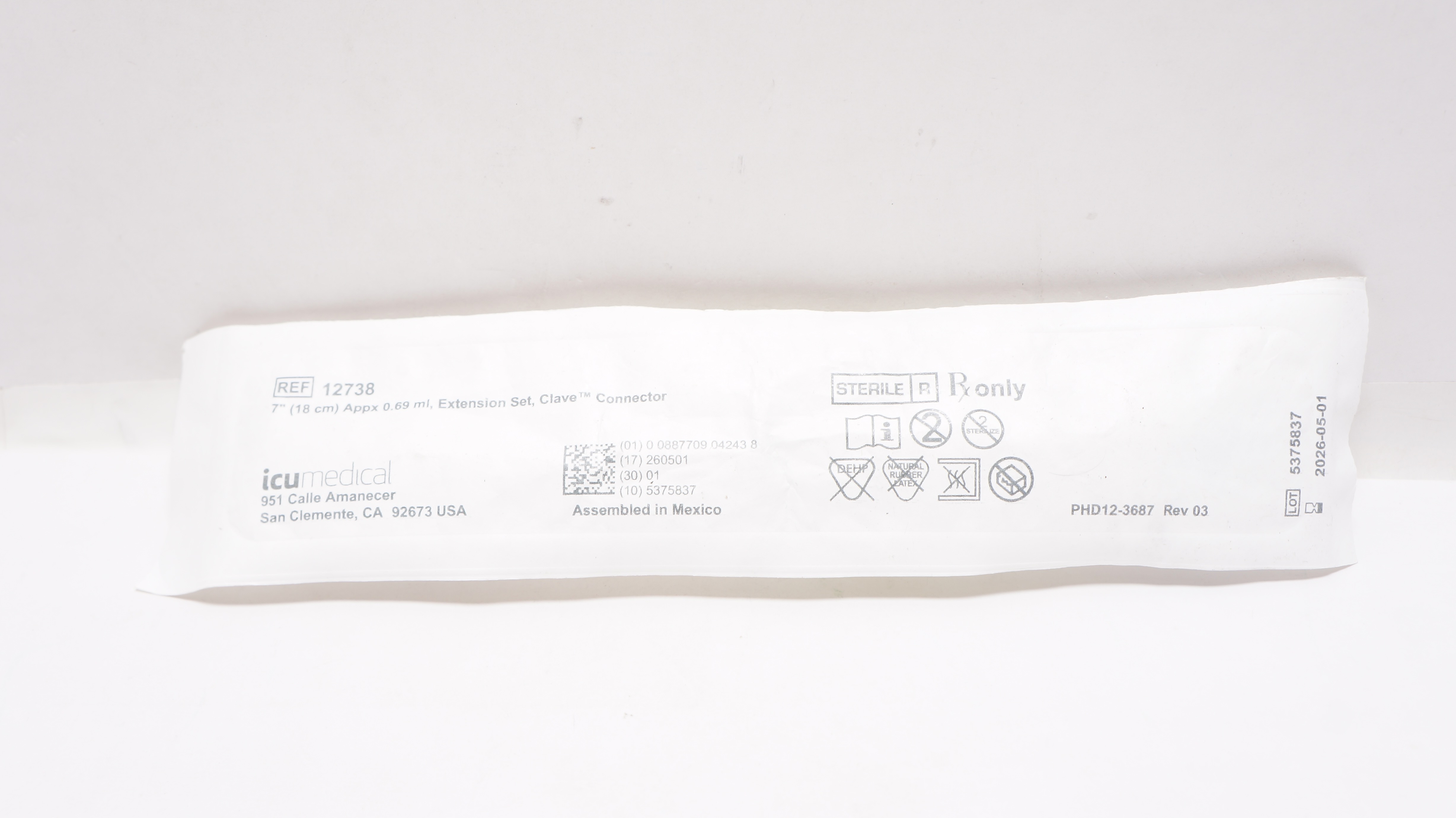 ICU Medical 12738 Non-DEHP Extension Set Clave Connector 7inch x 0.69ml