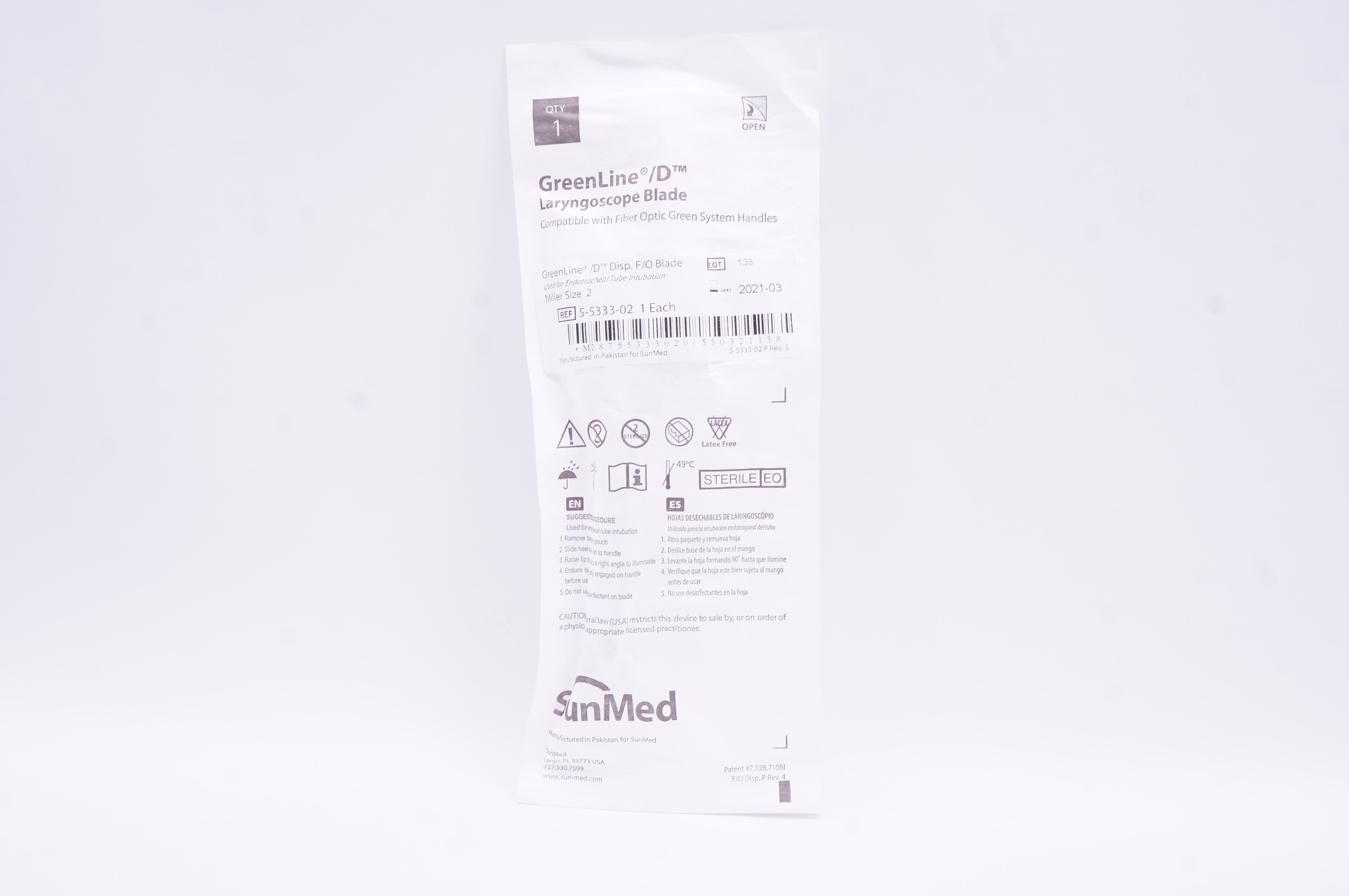 SunMed 5-5333-02  GreenLine D Laryngoscope Blade Size 2