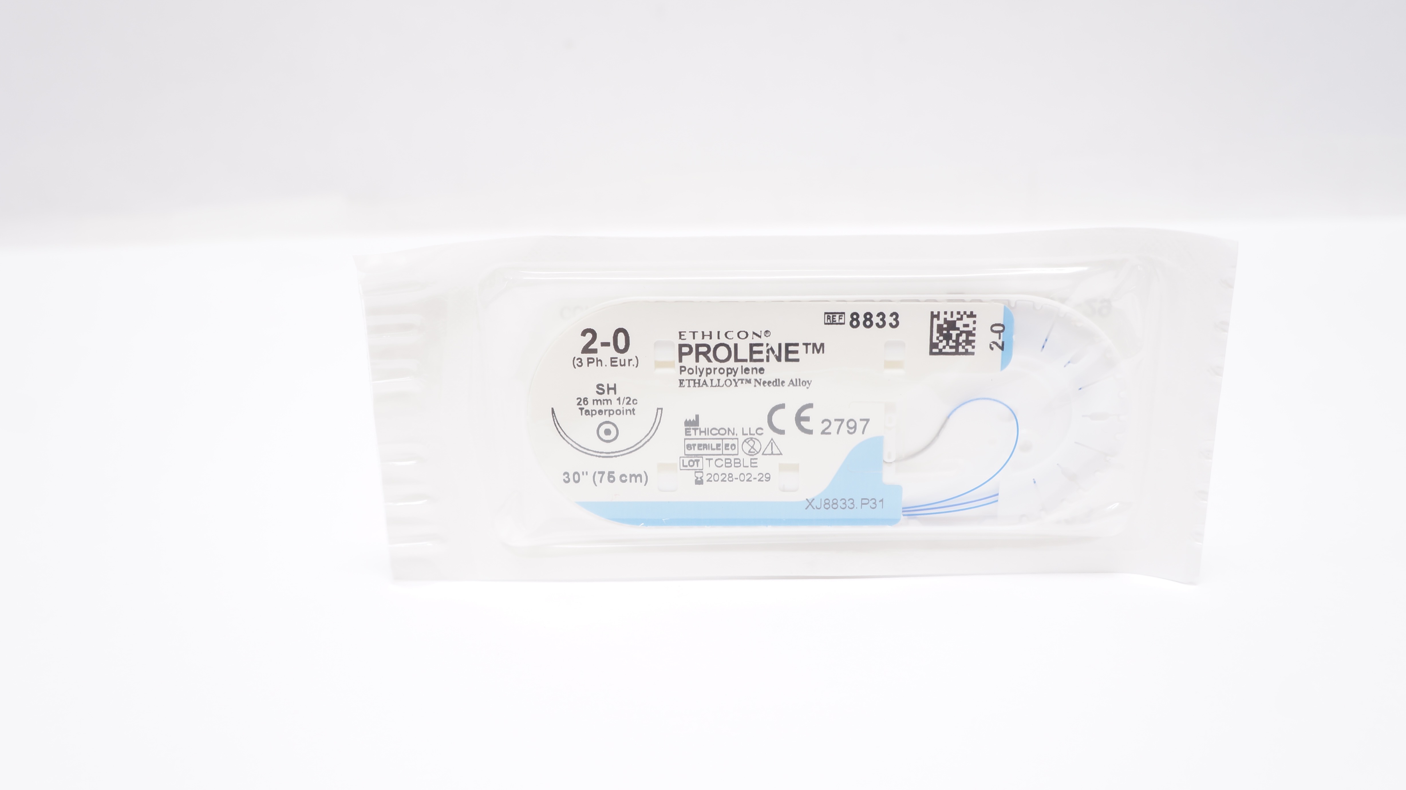 Ethicon 8833 2-0 Prolene Polypropylene Stre SH 26mm 1/2c Taperpoint, 30inch