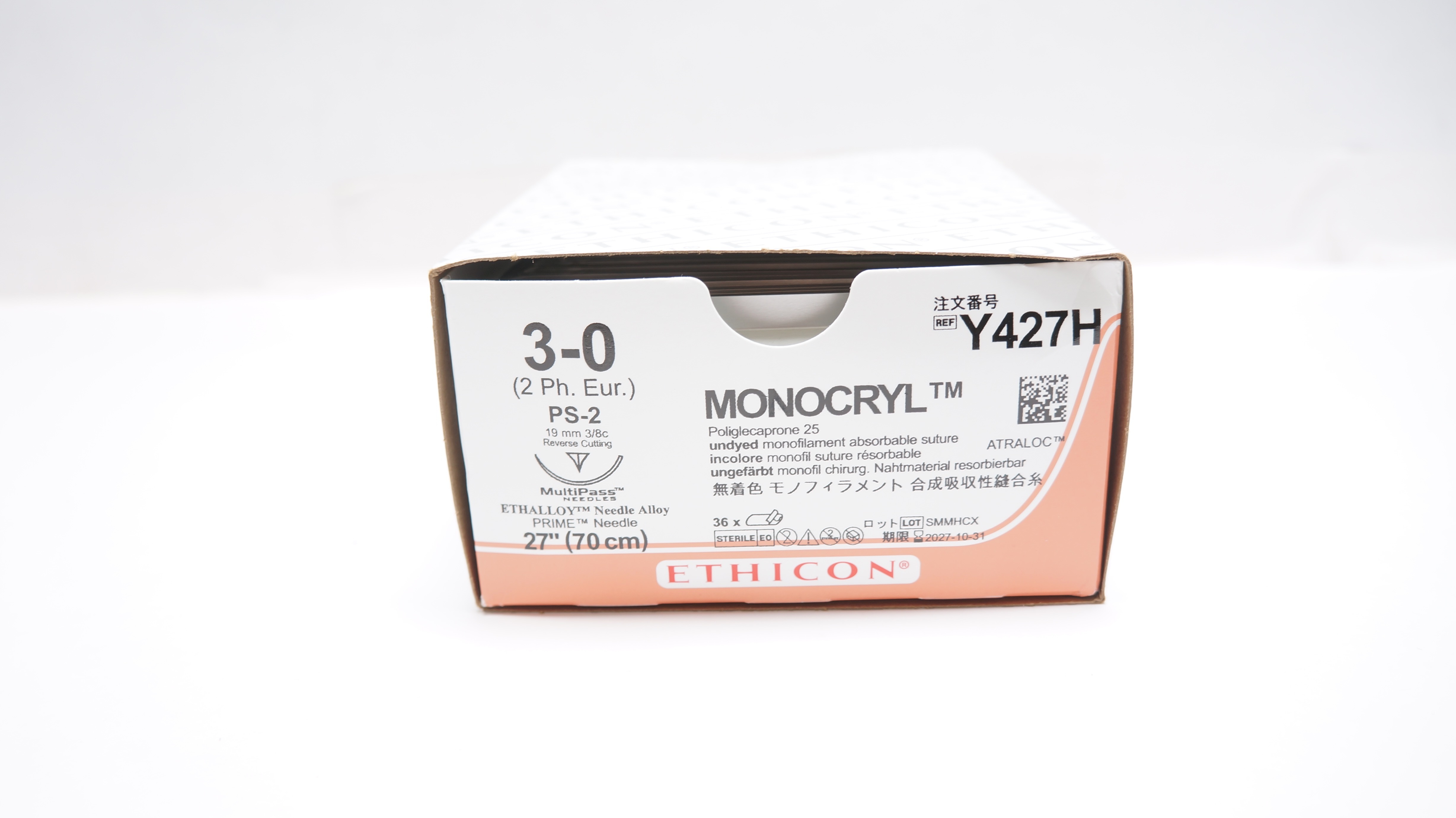 Ethicon Y427H 3-0 Monocryl Stre PS-2 19mm 3/8c Reverse Cutting 27inch -Box of 25