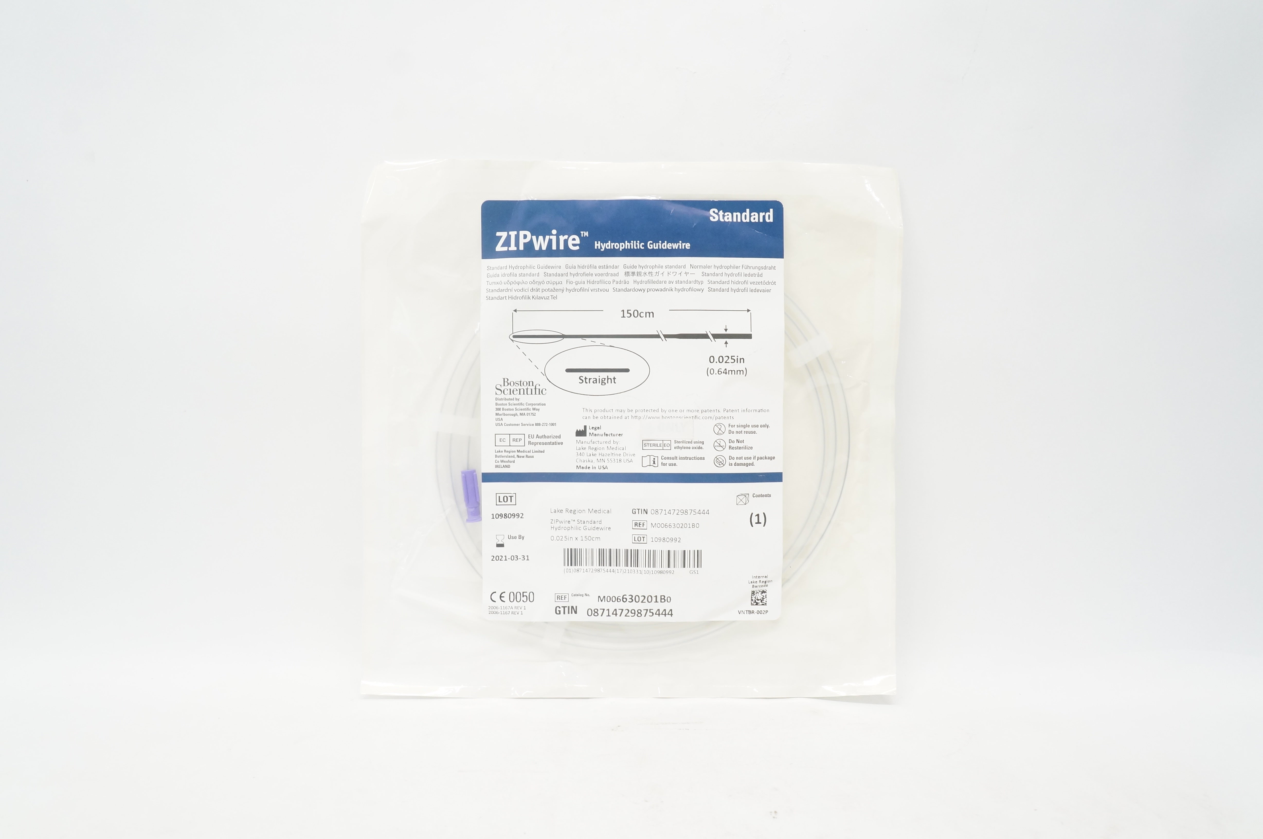 Boston Scientific 630201B ZIPwire Standard Hydrophilic Guidewire 150cm x .025inch (x)