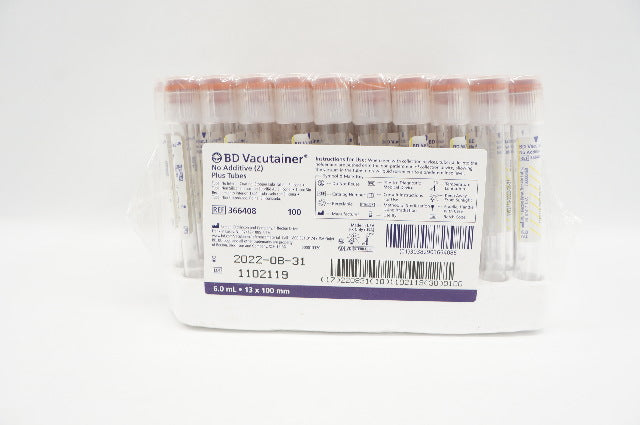 BD Vacutainer 366408 No Additive (Z) Plus Tubes - Pack of 100