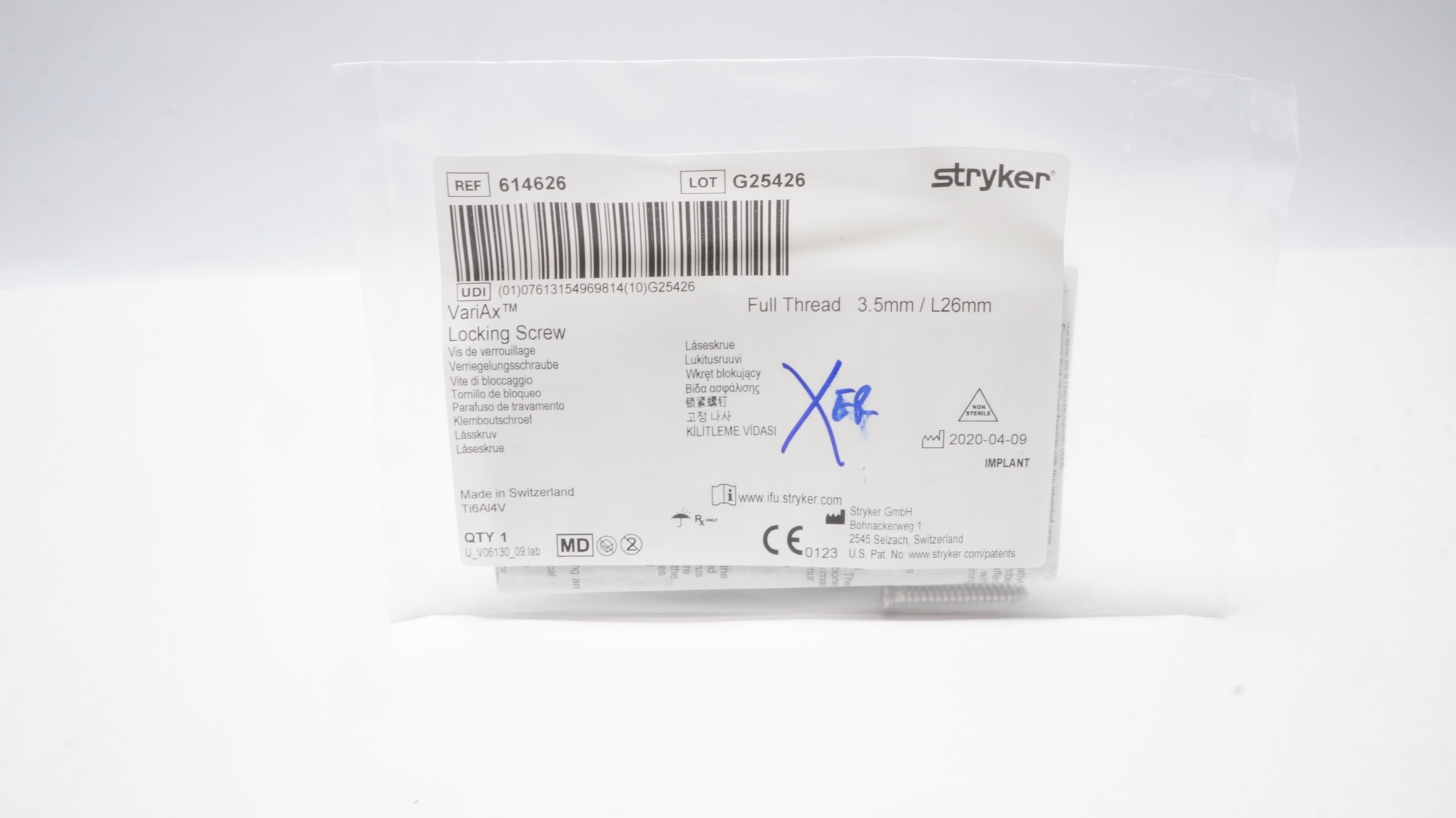 Stryker 614626 VariAx Locking Screw , Full Thread 3.5mm/ L26mm