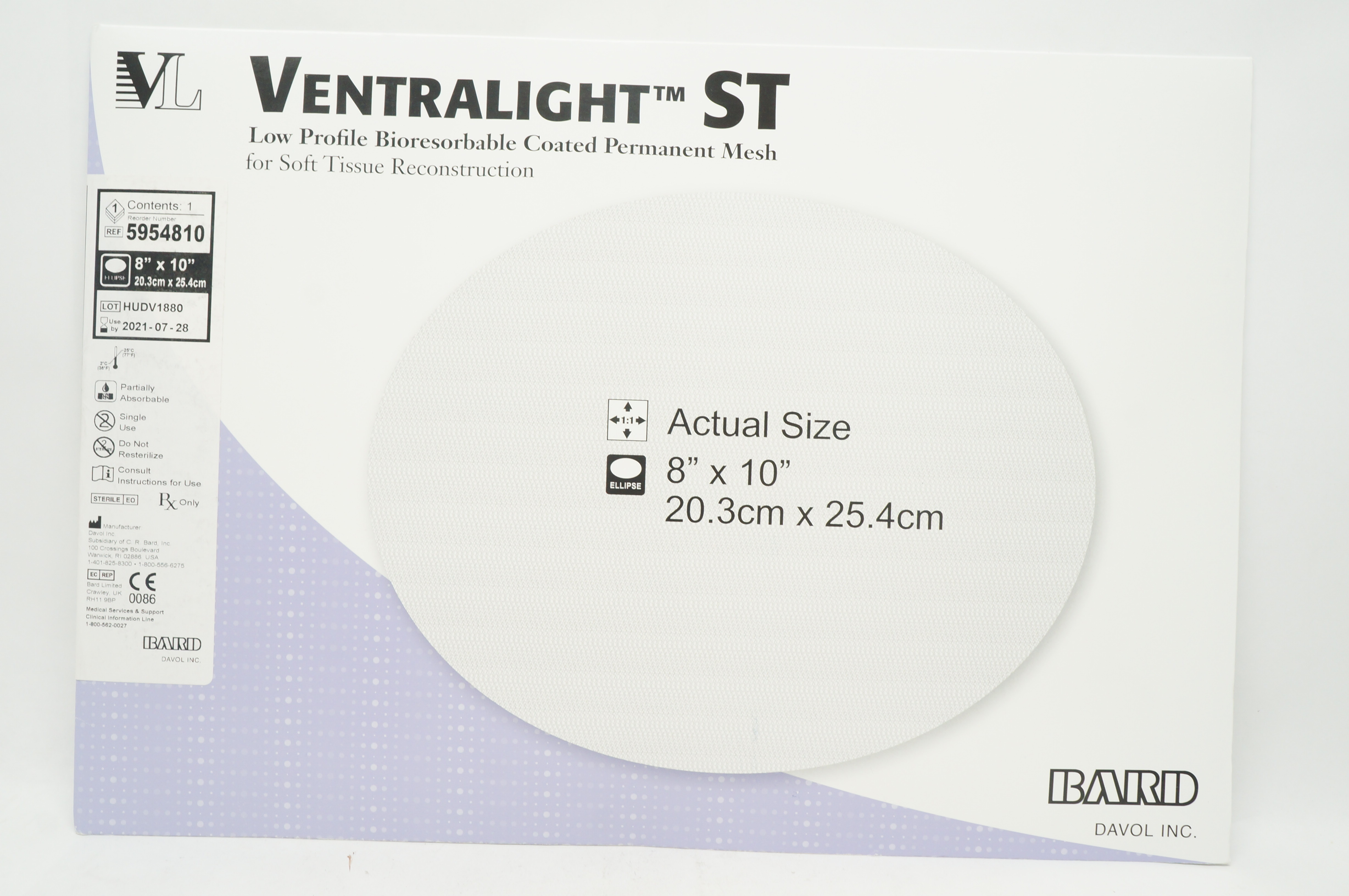 Bard 5954810 Ventralight ST Bioresorbable Coated Permanent Mesh 8 x 10inch (x)