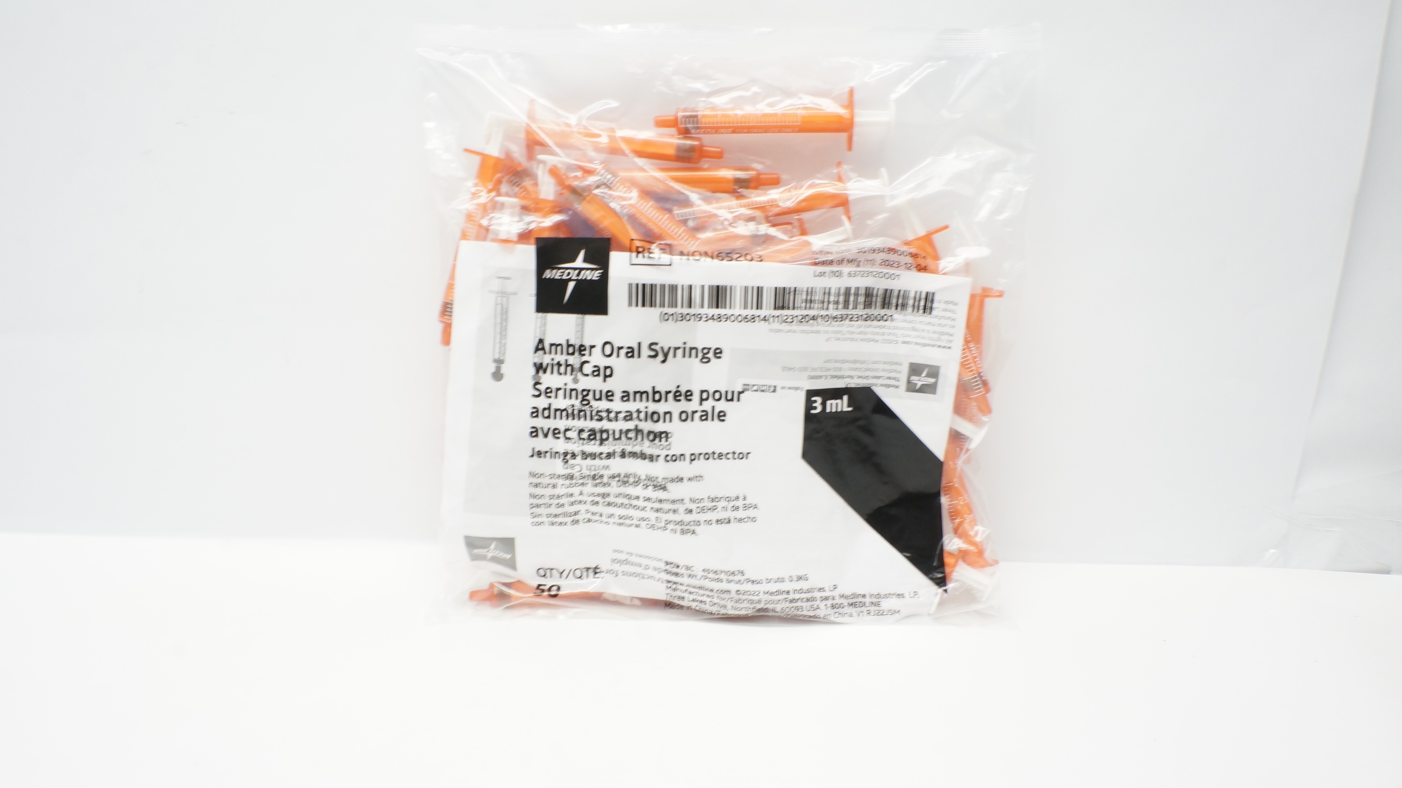 Medline NON65203 Amber Oral Syringe W/Cap - Box of 50