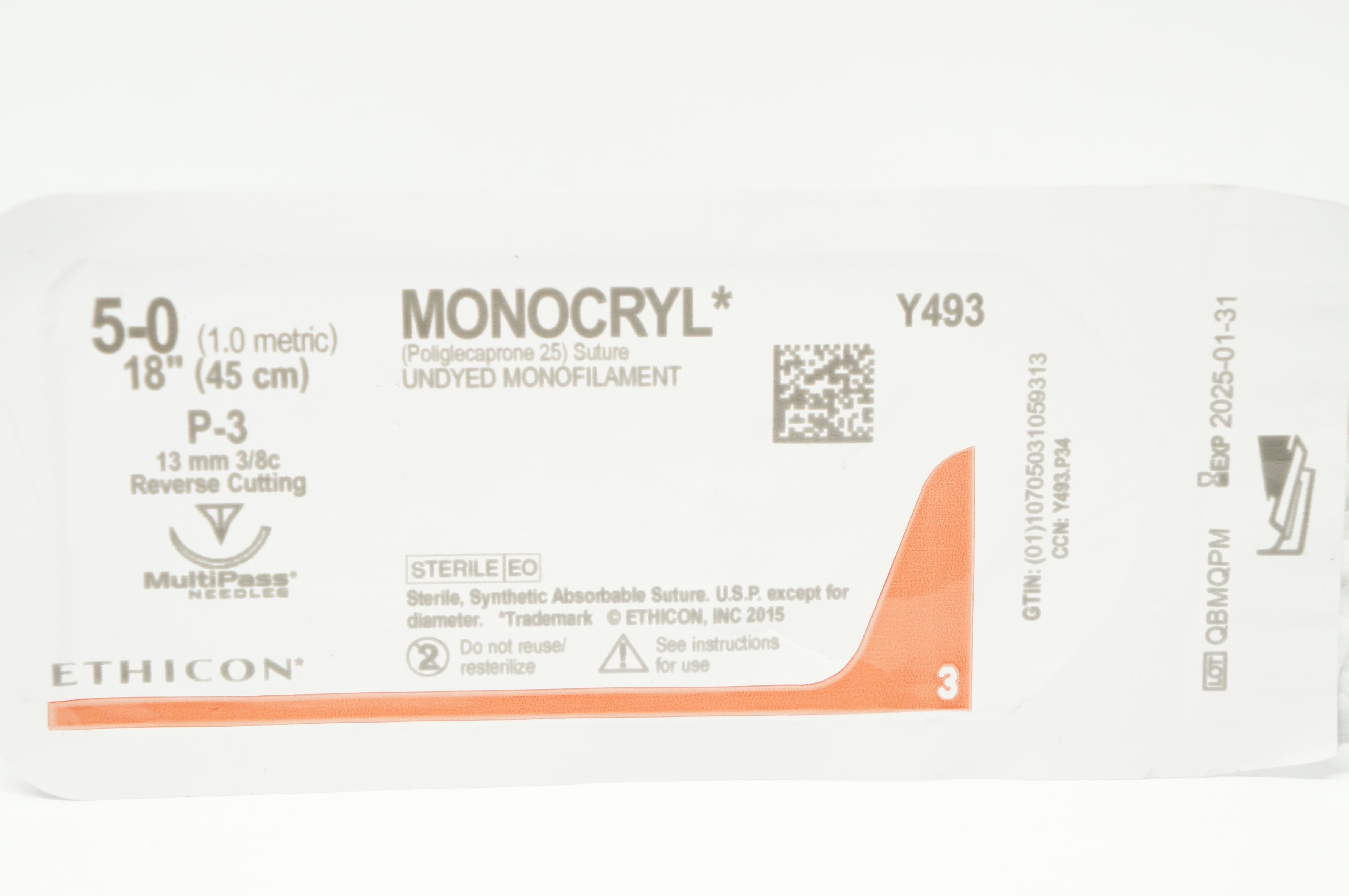 Ethicon Y493 5-0 MONOCRYL Undyed Monofilament P-3 13mm 3/8c Reverse Cutting,18in