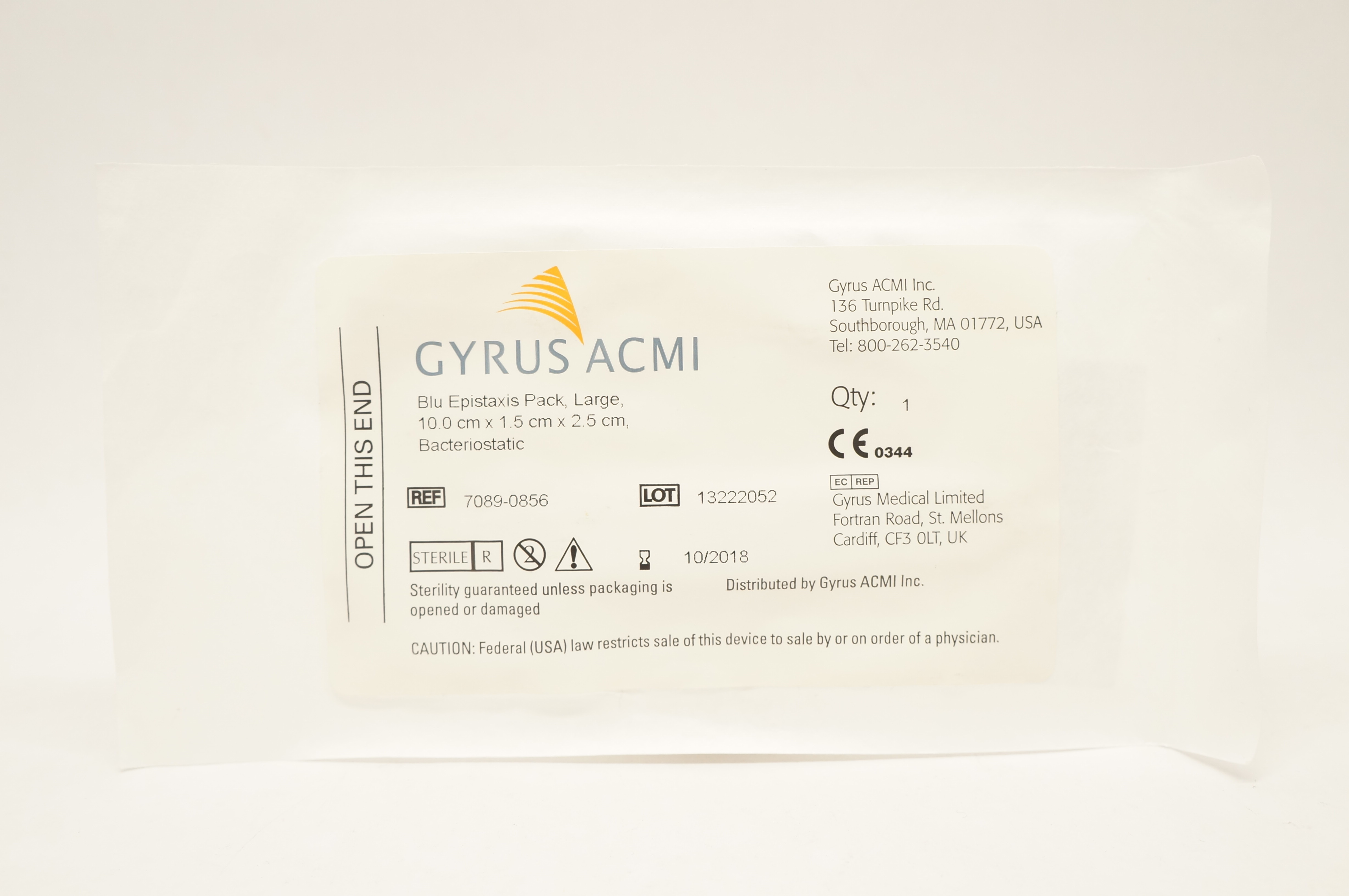 Gyrus Acmi 7089-0856 Blu Epistaxis Pack, Large, 10.0cm x 1.5cm x 2.5cm