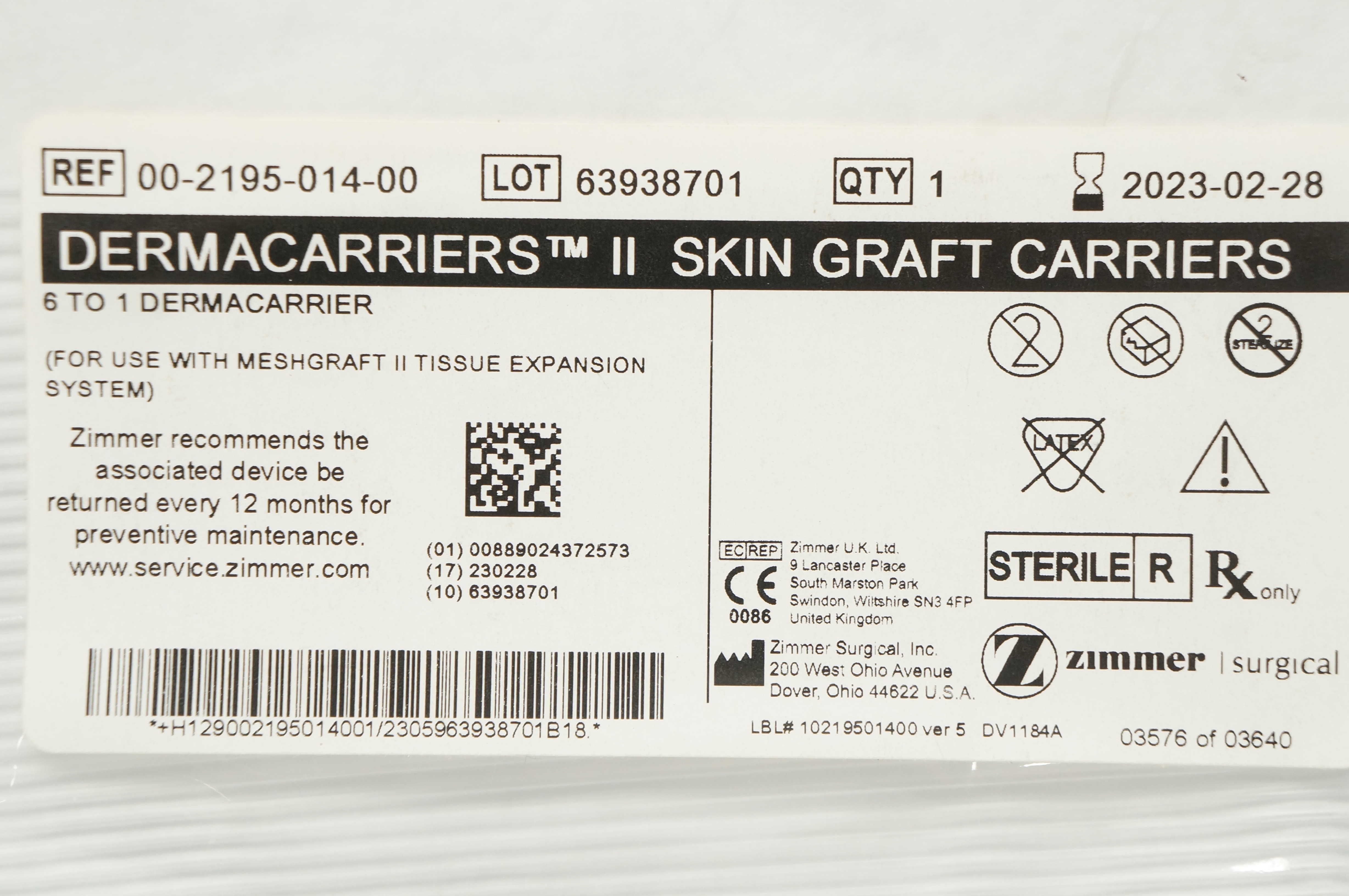 Zimmer 00-2195-014-00 Dermacarriers II Skin Graft Carriers 6 to 1 (x)