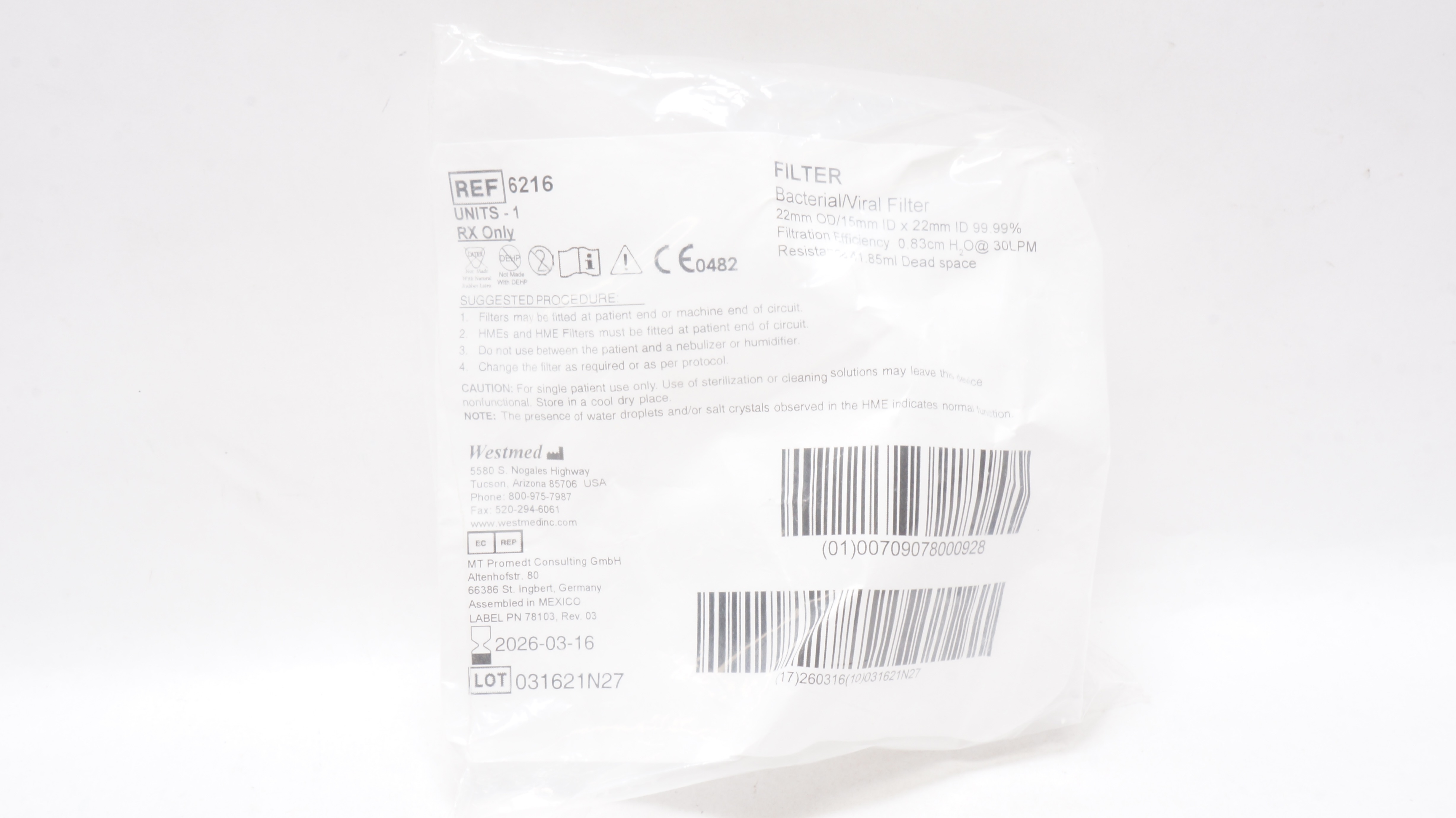 Westmed 6216 Bacterial/Viral Filter 22mmx 15mm x 22mm