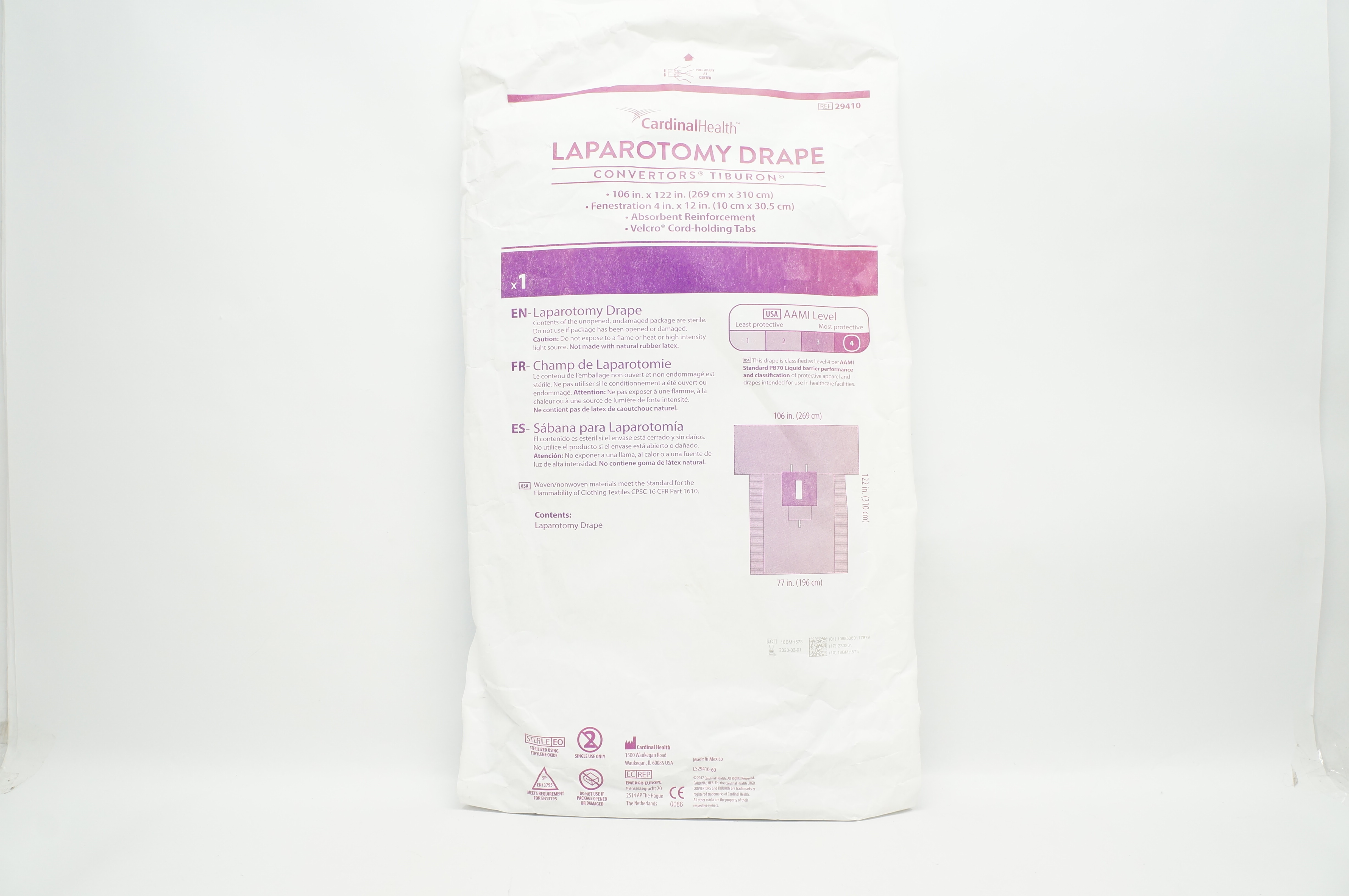 Cardinal Health 29410 Convertors, Tiburon, Laparotomy Drape 106inch x 122inch