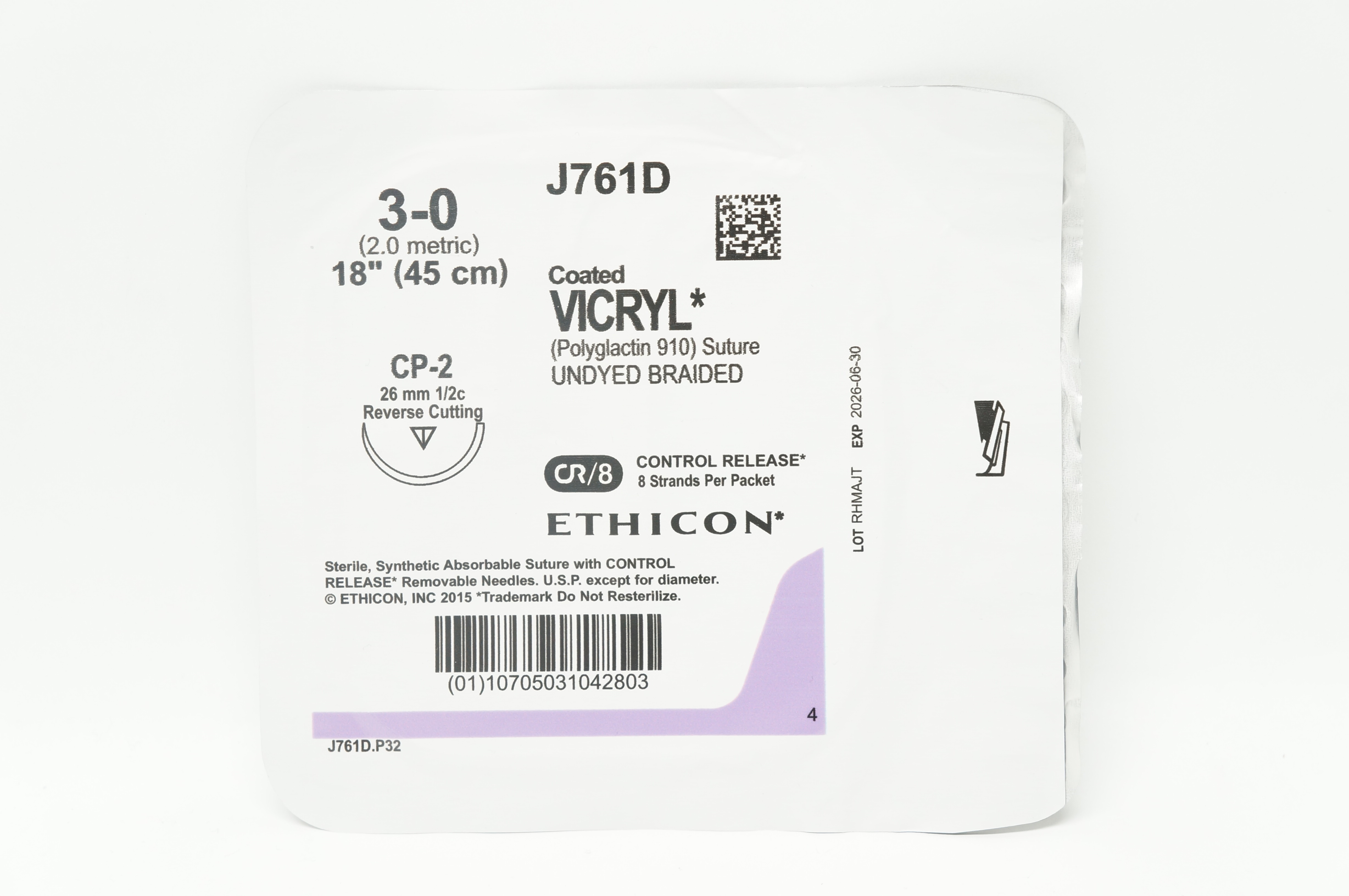 Ethicon J761D 3-0 Coated VICRYL CP-2 26mm 1/2c Reverse Cutting 18inch