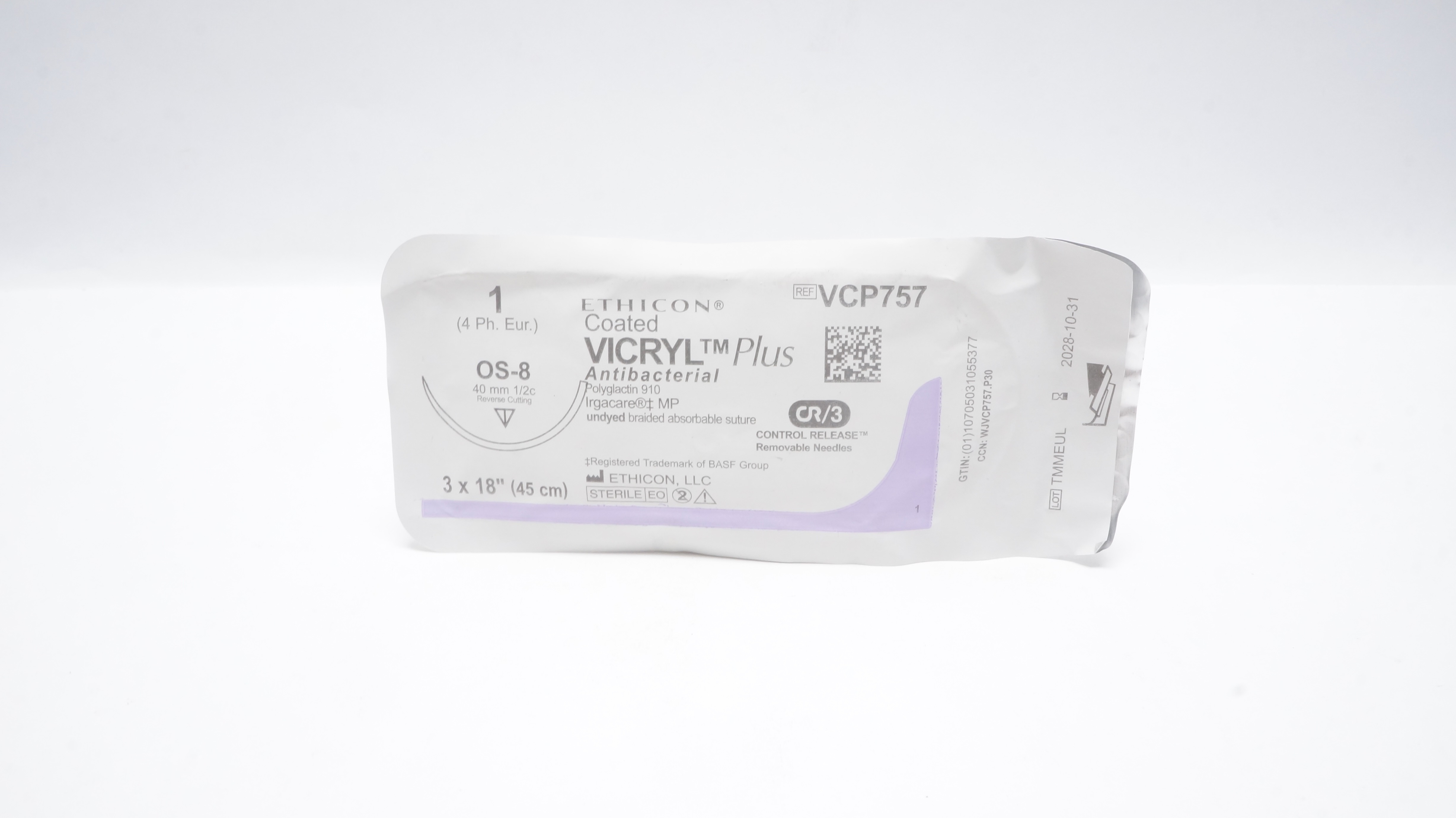 Ethicon VCP757 1 VICRYL Plus Stre OS-8 40mm 1/2c Reverse Cutting, 3 x 18inch