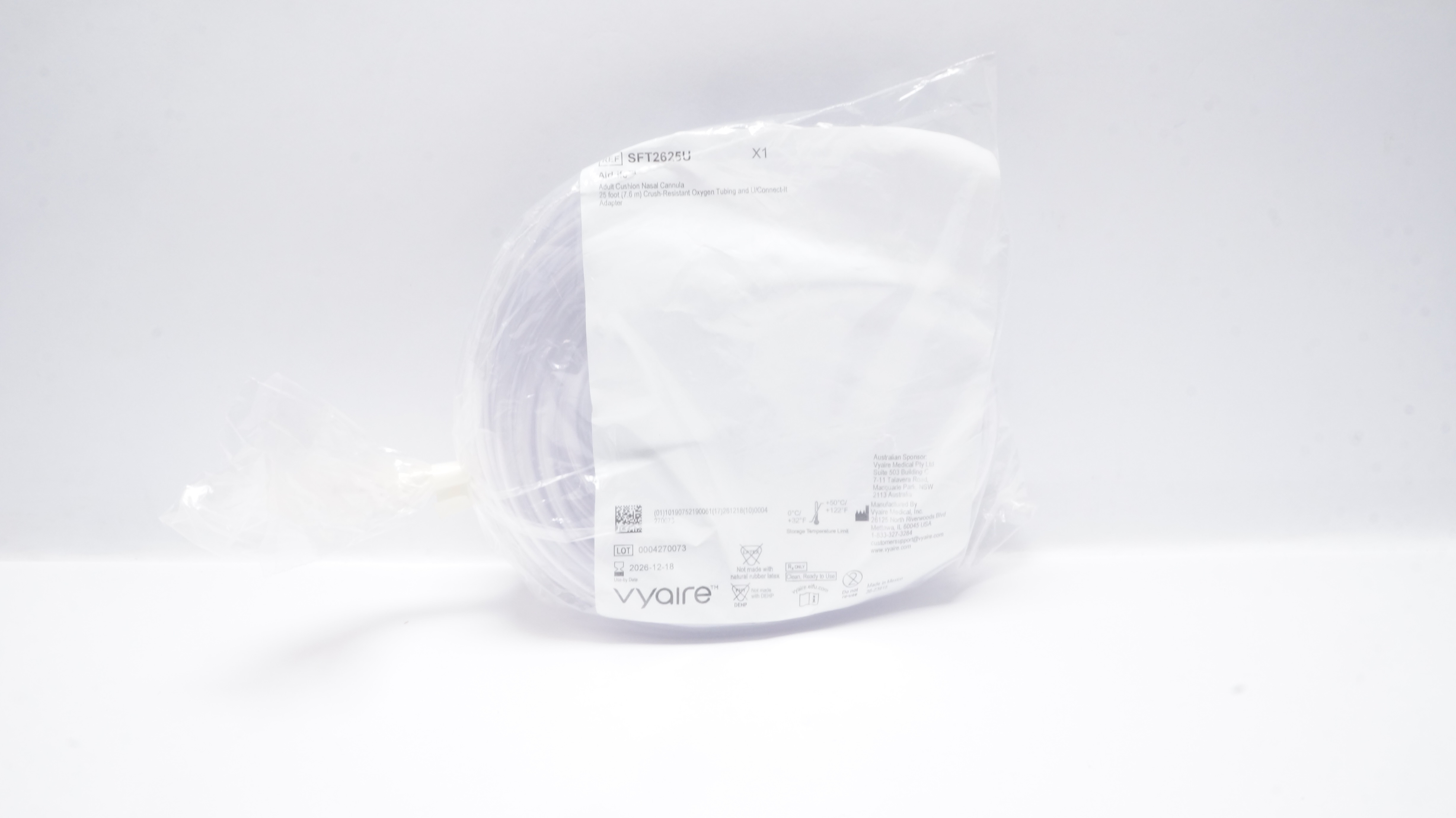 Vyaire SFT2625U AirLife Adult Cushion Nasal Cannula w/25ft. Oxygen Tubing