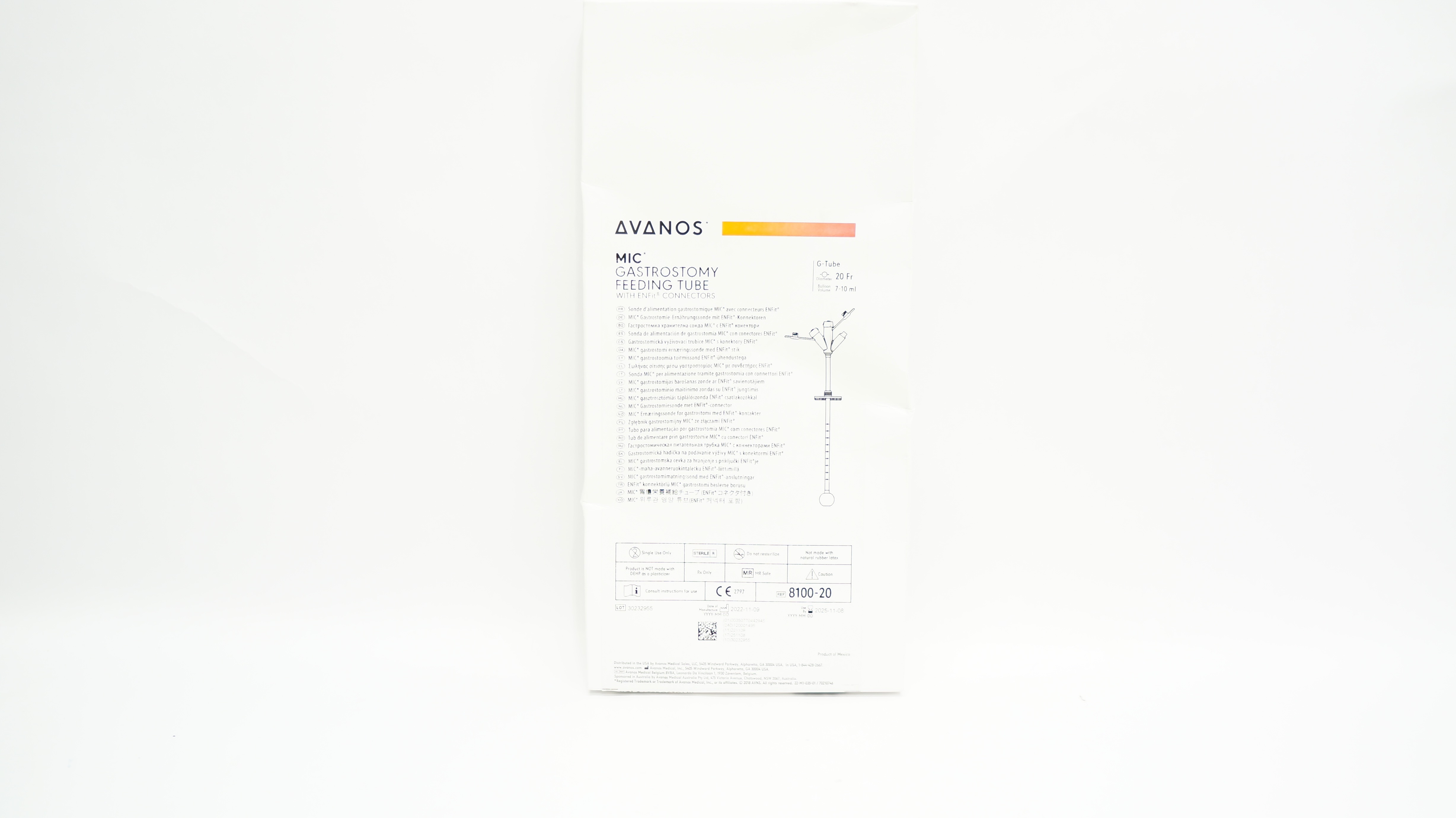 Avanos 810020 Mic Gastrostomy Feeding Tube W/ ENFit Connectors 20Fr