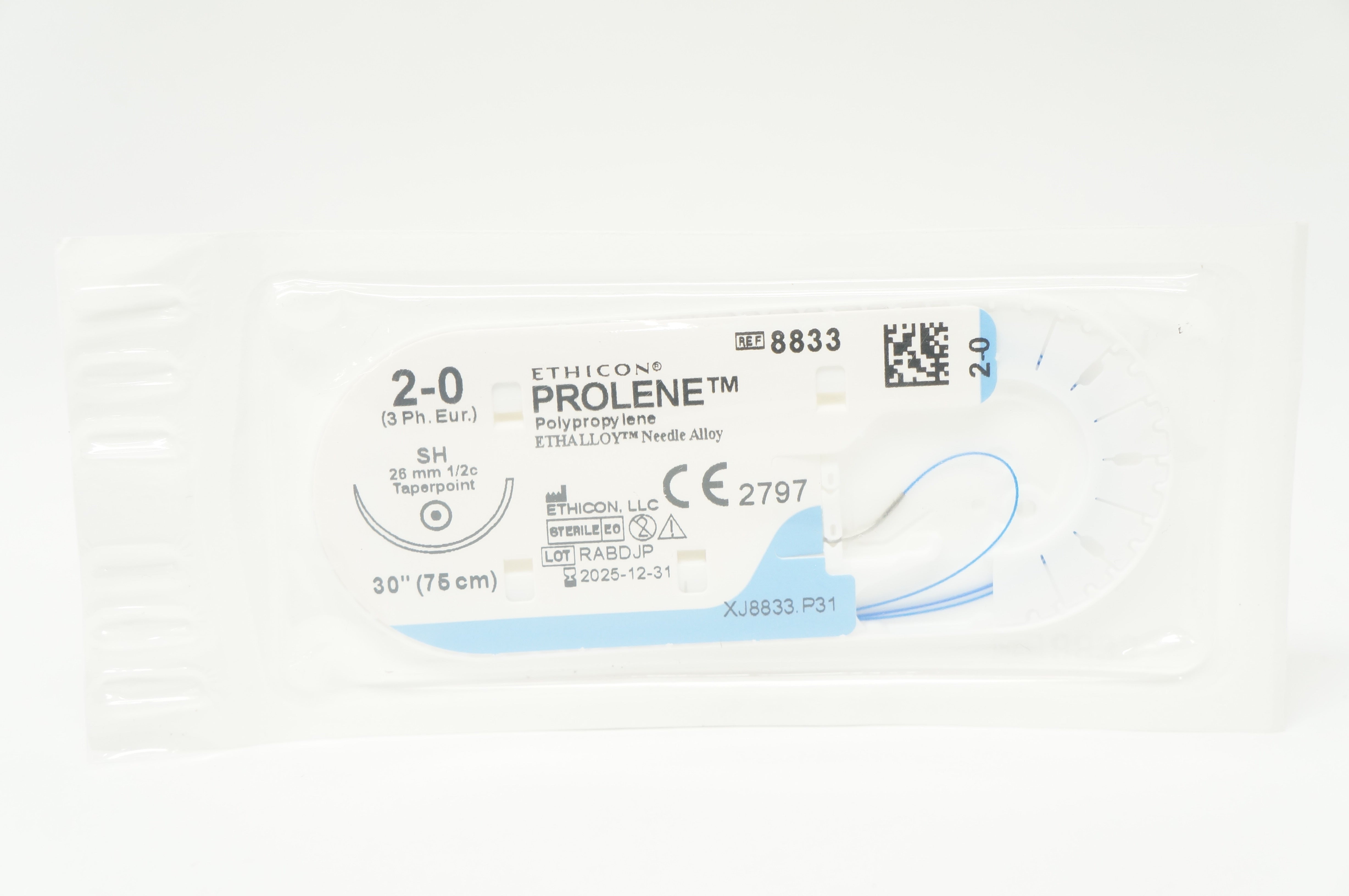 Ethicon 8833 2-0 PROLENE, Blue Monofilament, SH, 26mm 1/2c Taper, 30inch