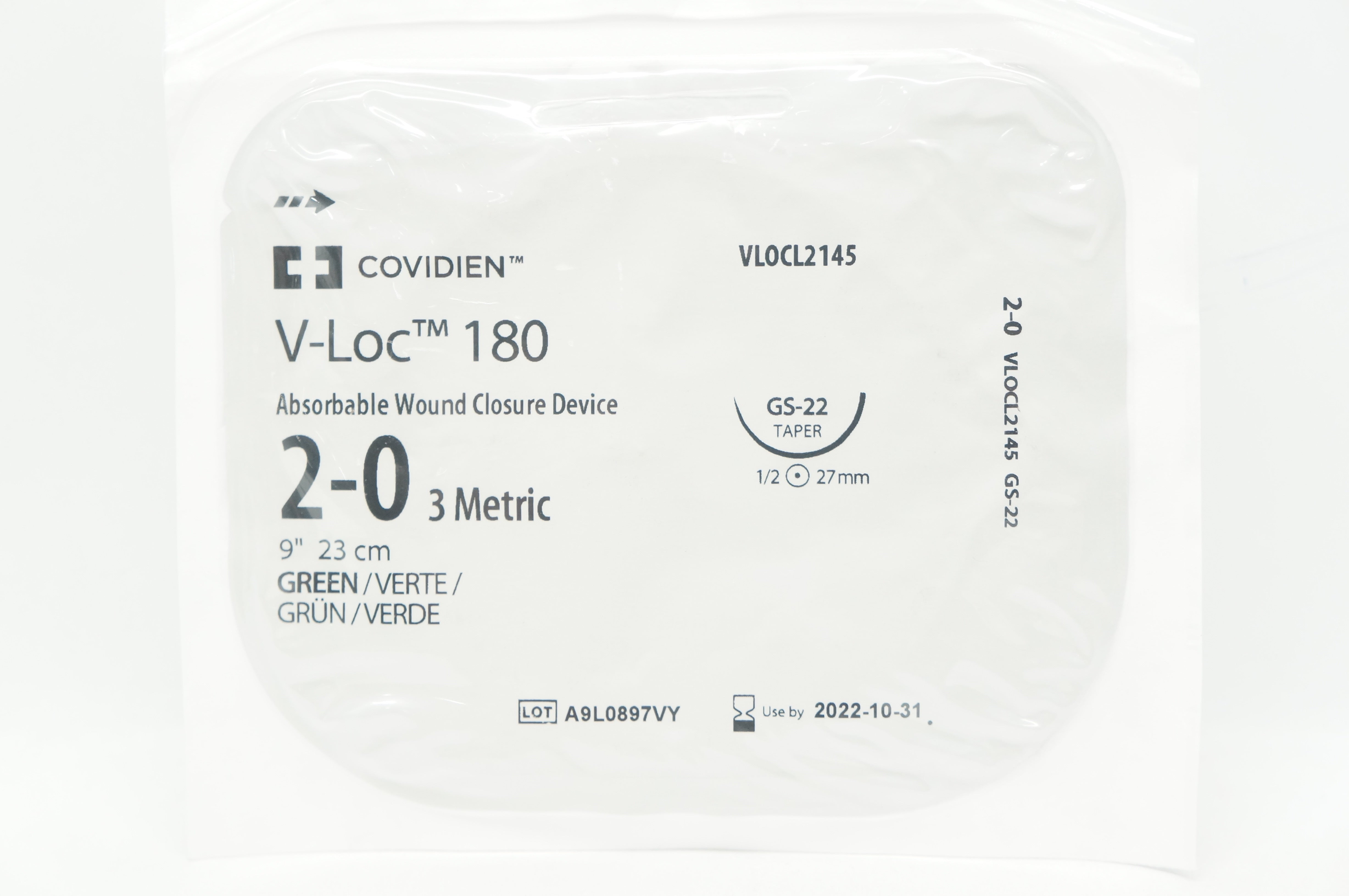Covidien VLOCL2145, 2-0 V-Loc 180 Green GS-22 Taper 1/2c 27mm, 9 inch