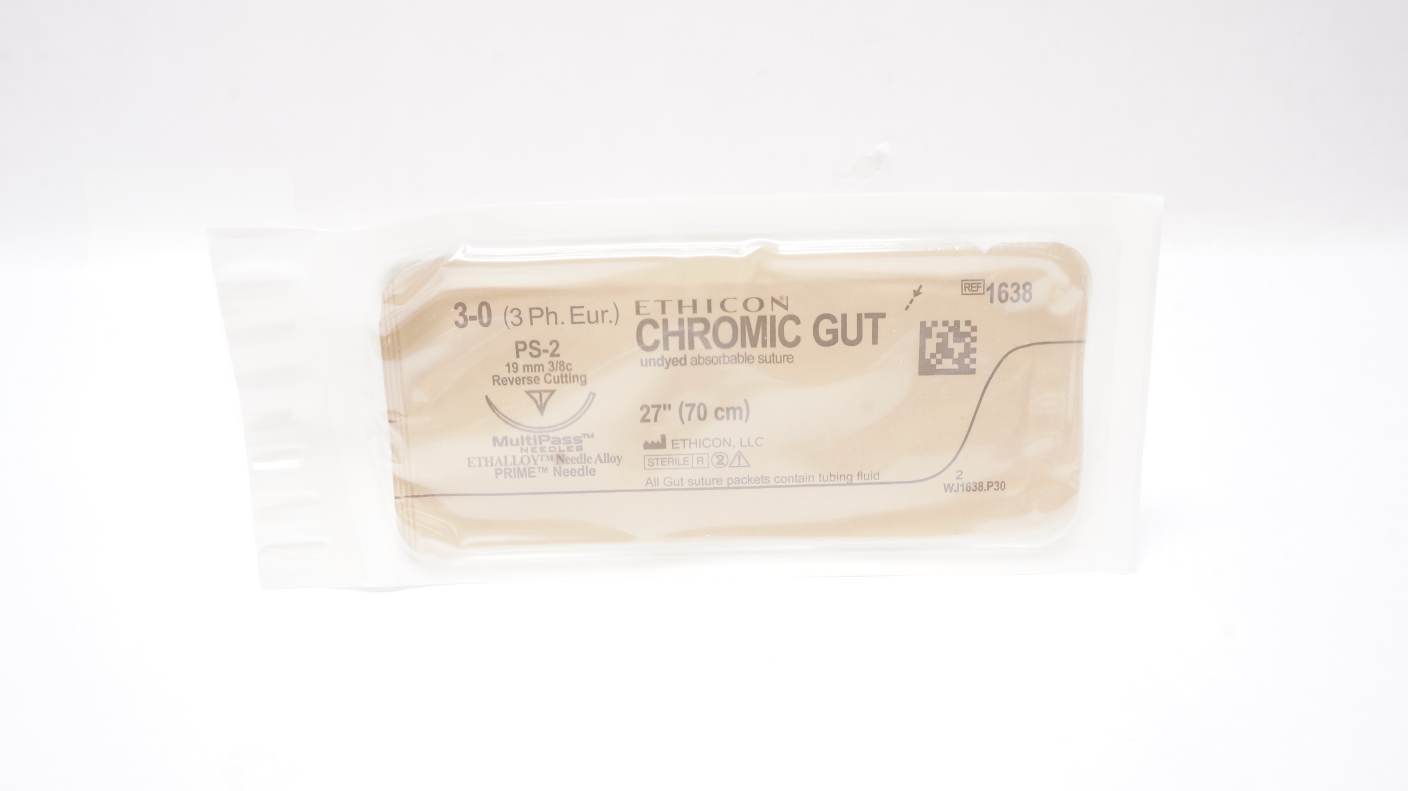 Ethicon 1638 3-0 Chromic Gut PS-2 19mm 3/8c Reverse Cutting 27inch
