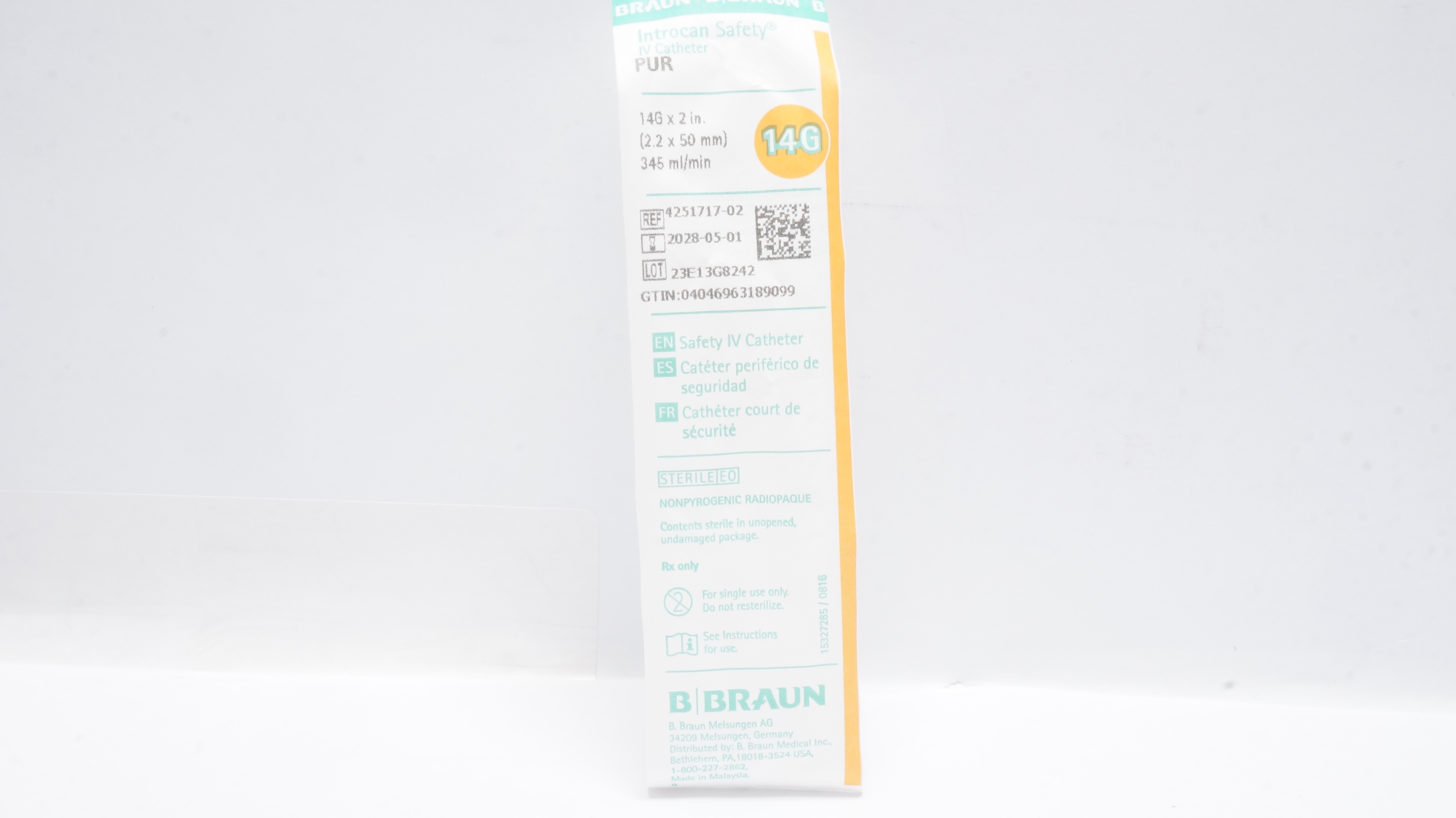 Braun 4251717-02 Introcan Safety IV Cath. 14G x 2inch 345ml/min