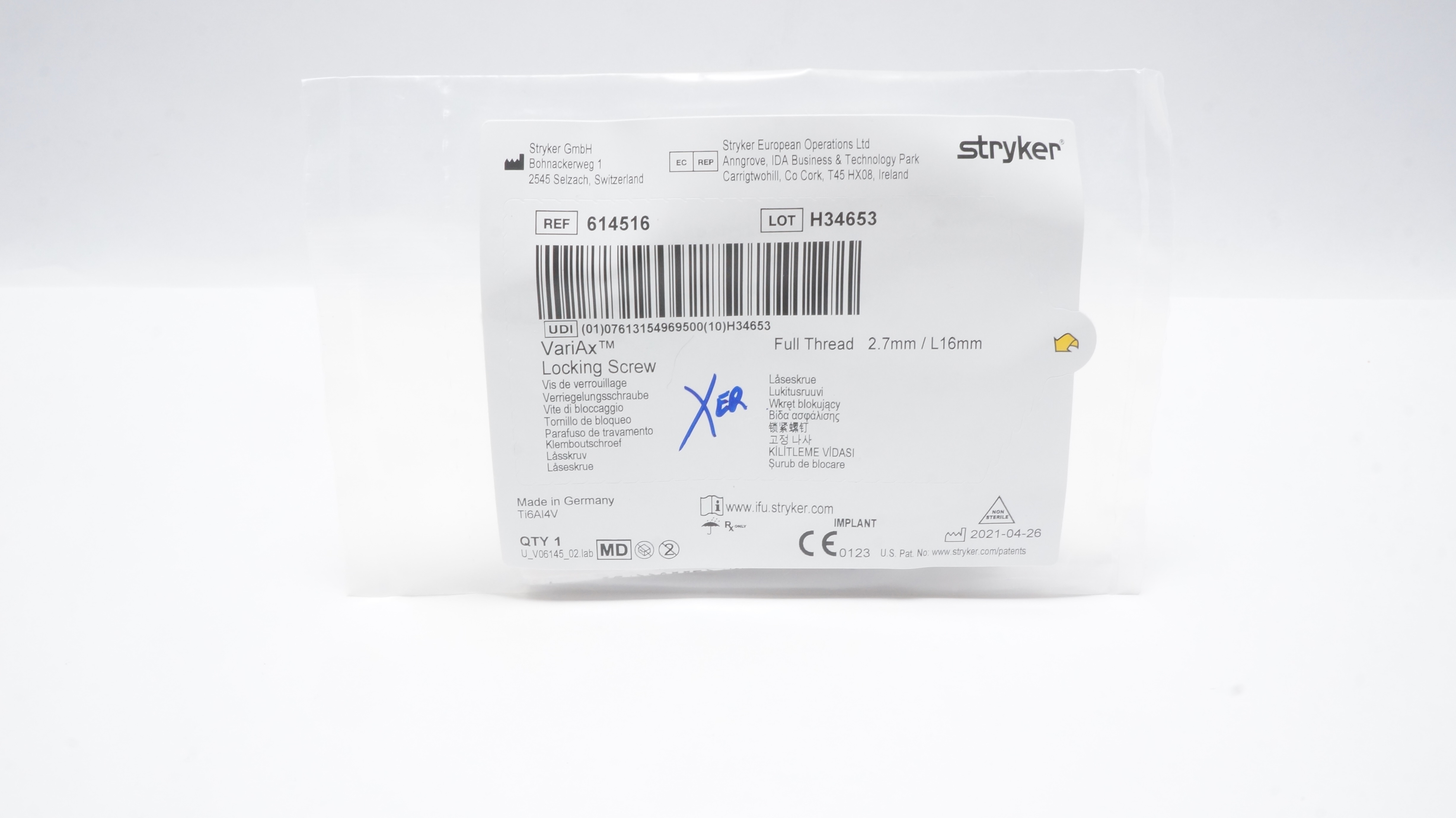 Stryker 614516 VariAx Locking Screw Full Thread 2.7mm/ L16mm
