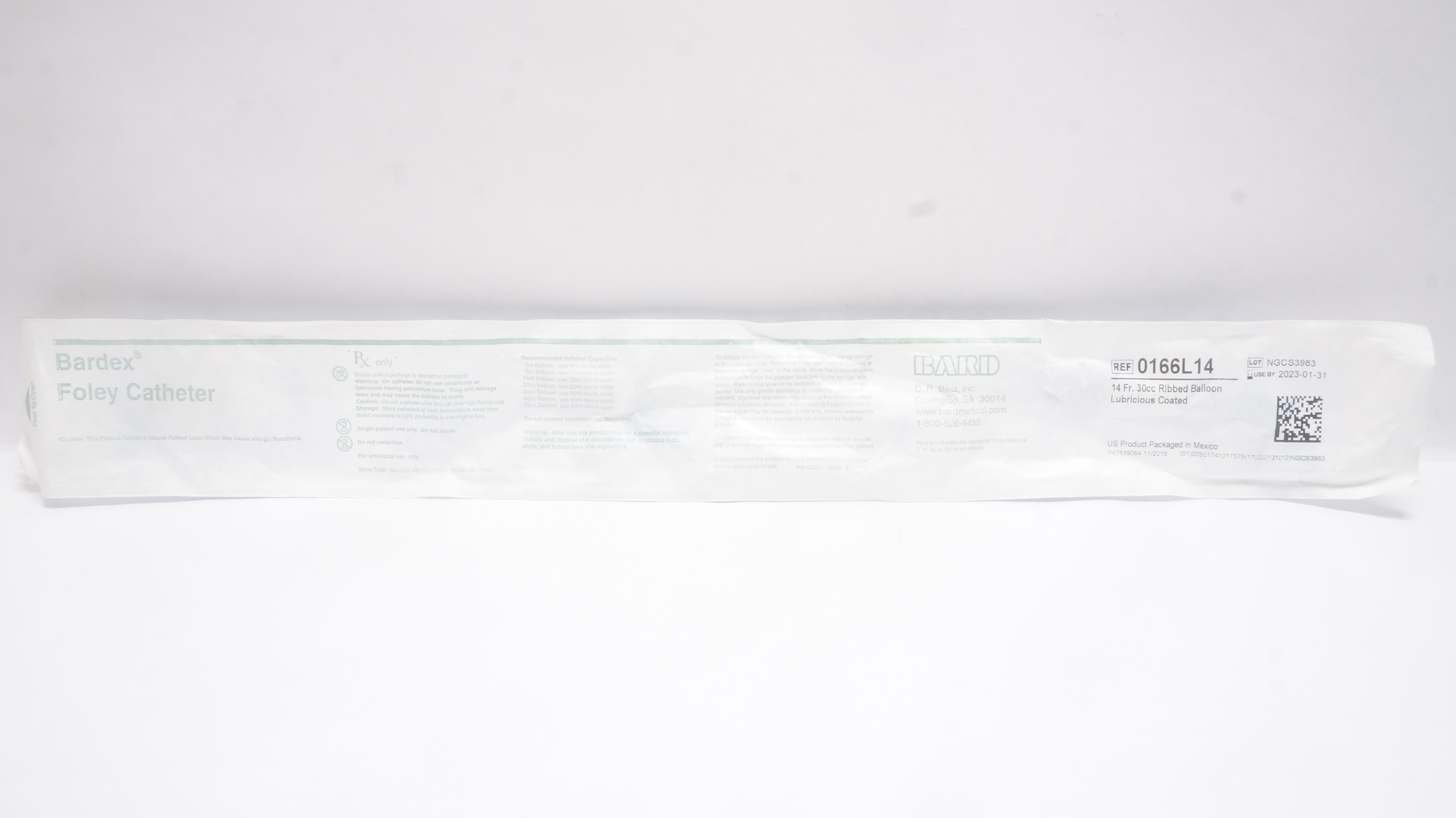 Bard 0166L14 Bardex Lubricath Foley Cath. 14Fr 30cc Ribbed Balloon (x)