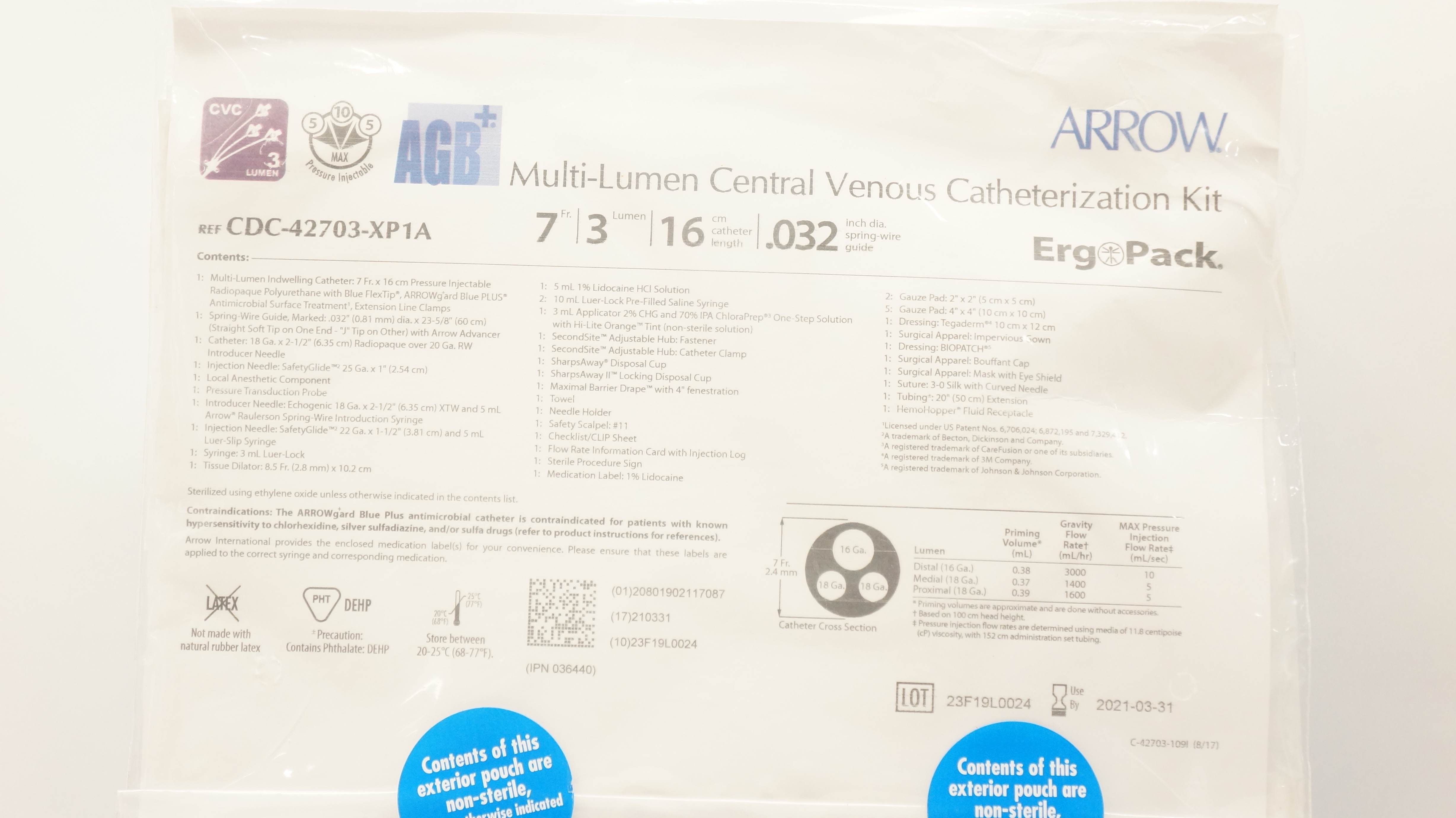 Arrow CDC-42703-XP1A Multi-Lumen CVC Kit 3 Lumen 7Fr x 16cm x .032inch (x)