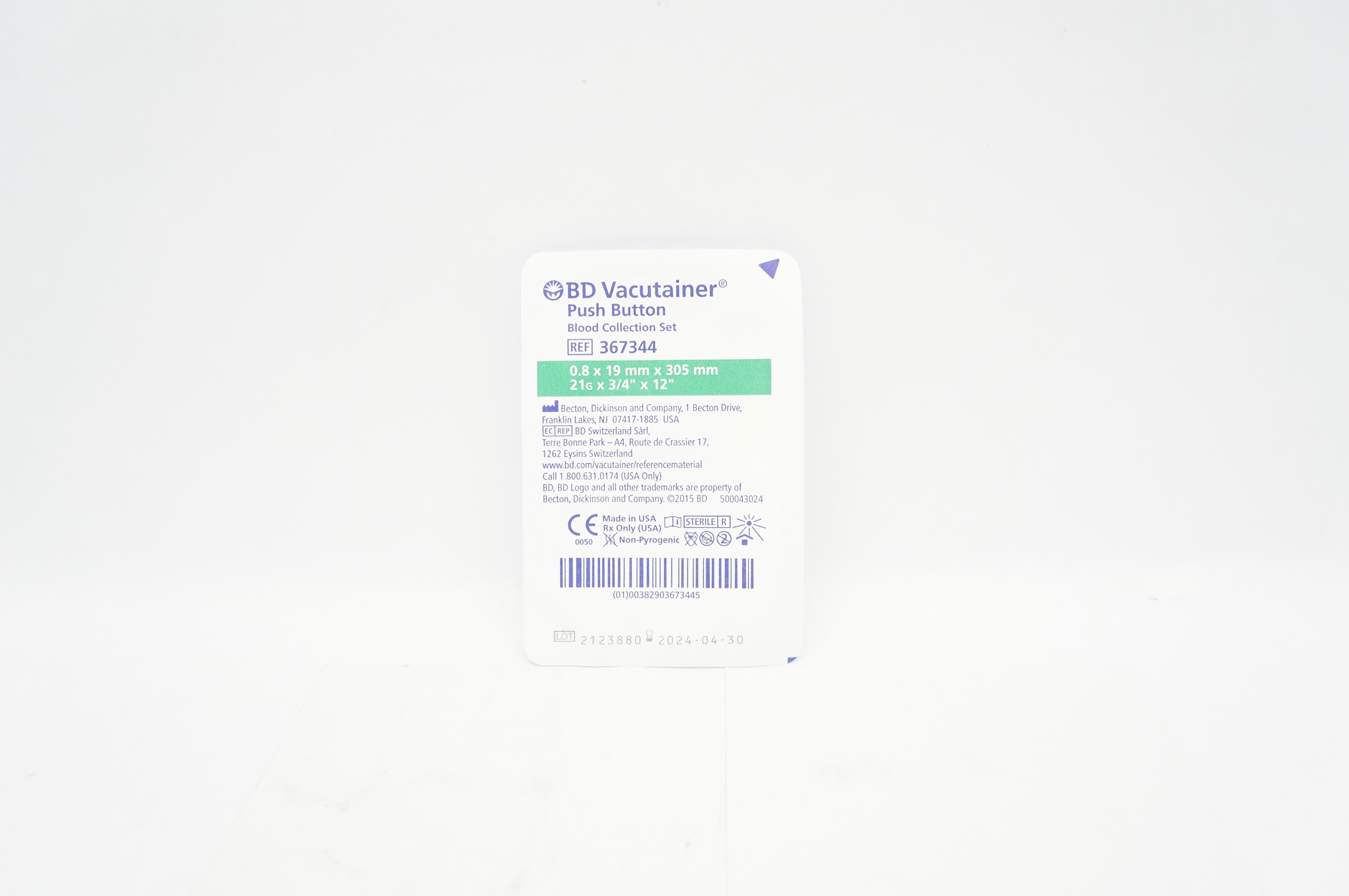 BD 367344 Vacutainer Push Button Blood Collection Set 21G x 3/4inch x 12inch