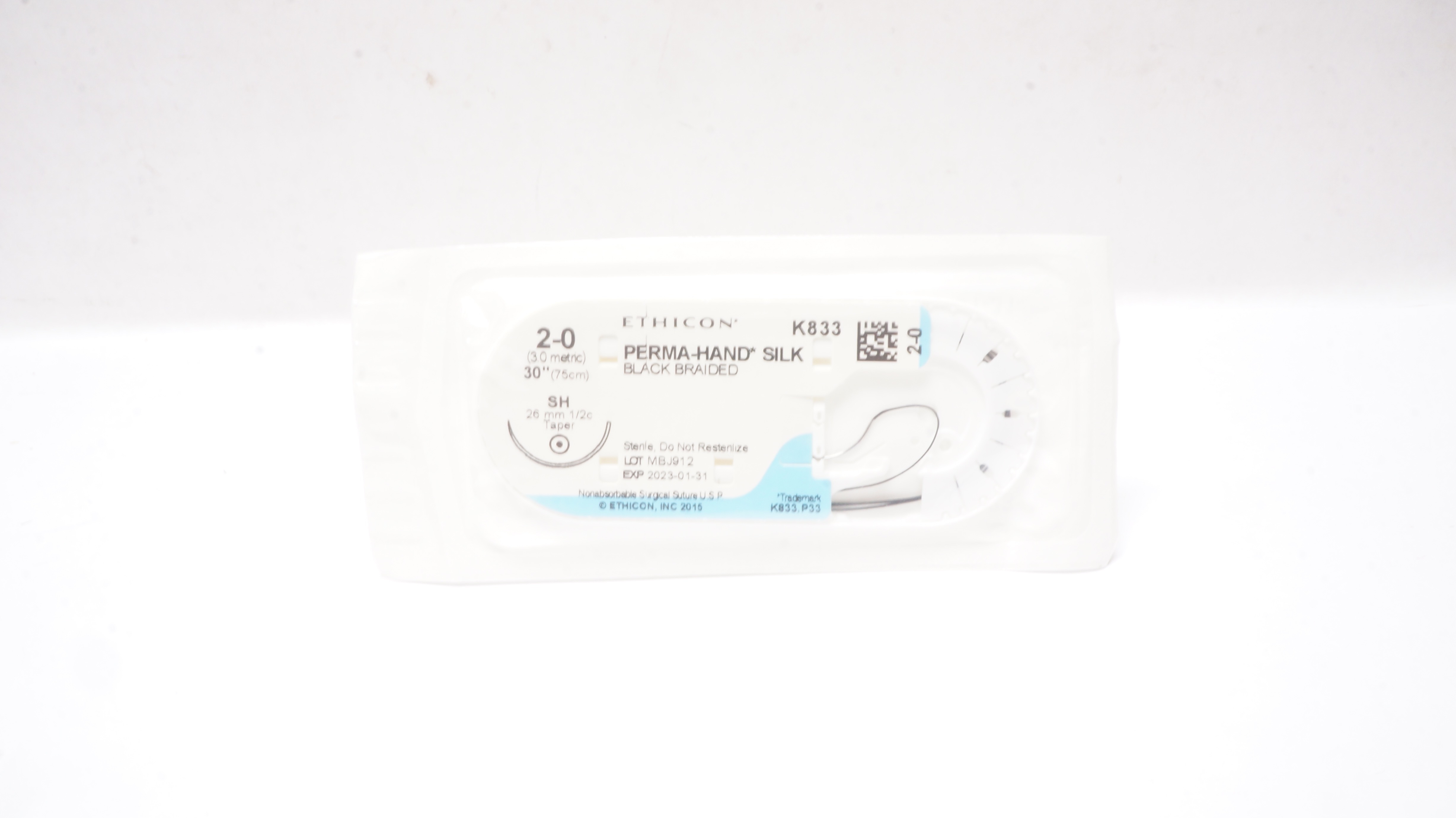 Ethicon K833 2-0 PERMA-HAND SILK Stre, SH 26mm 1/2c Taperpoint, 30inch (x)