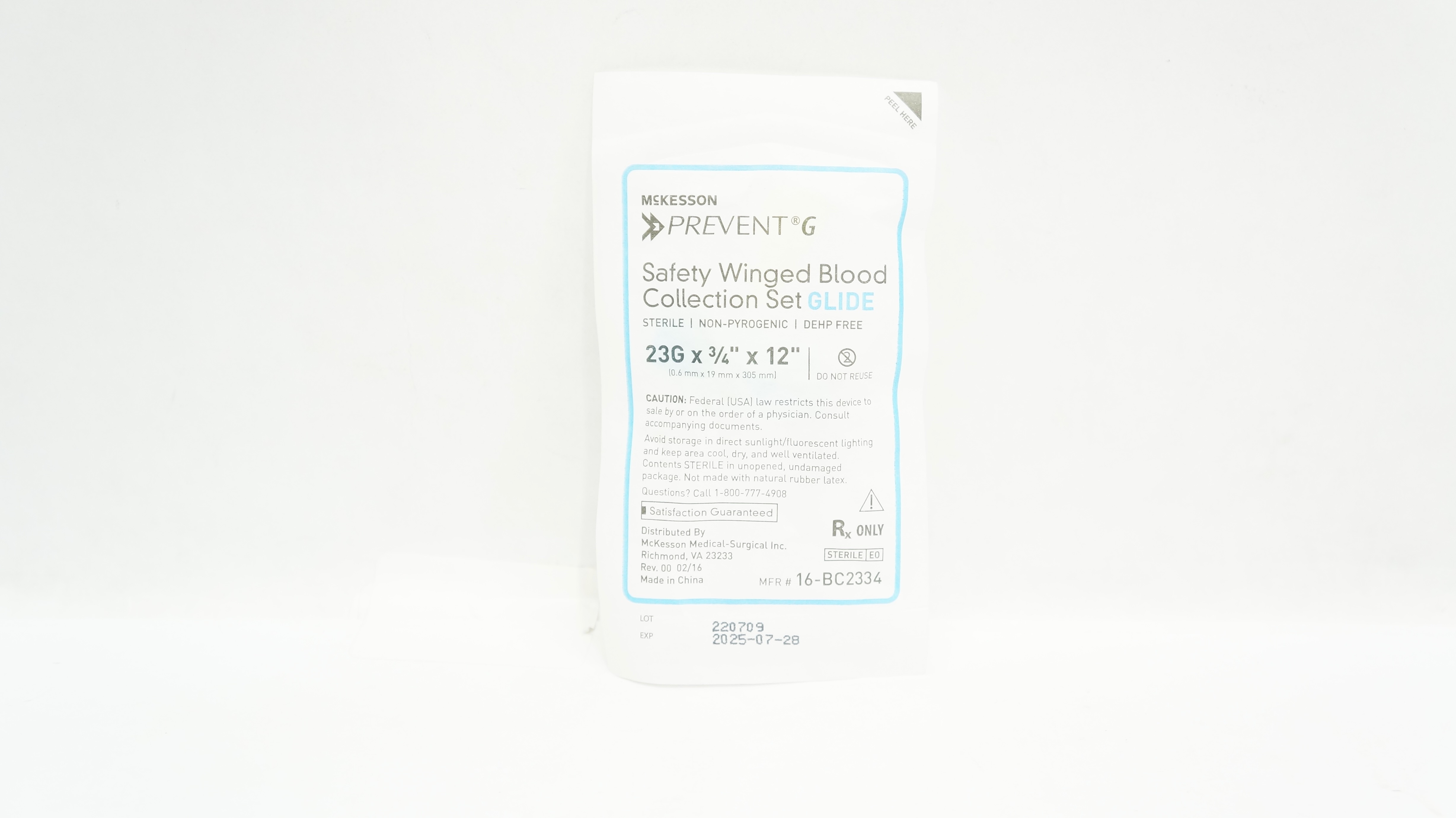 Mckesson 16-BC2334 Prevent G Safety Winged Blood Collection Set 23G x3/4 x12inch