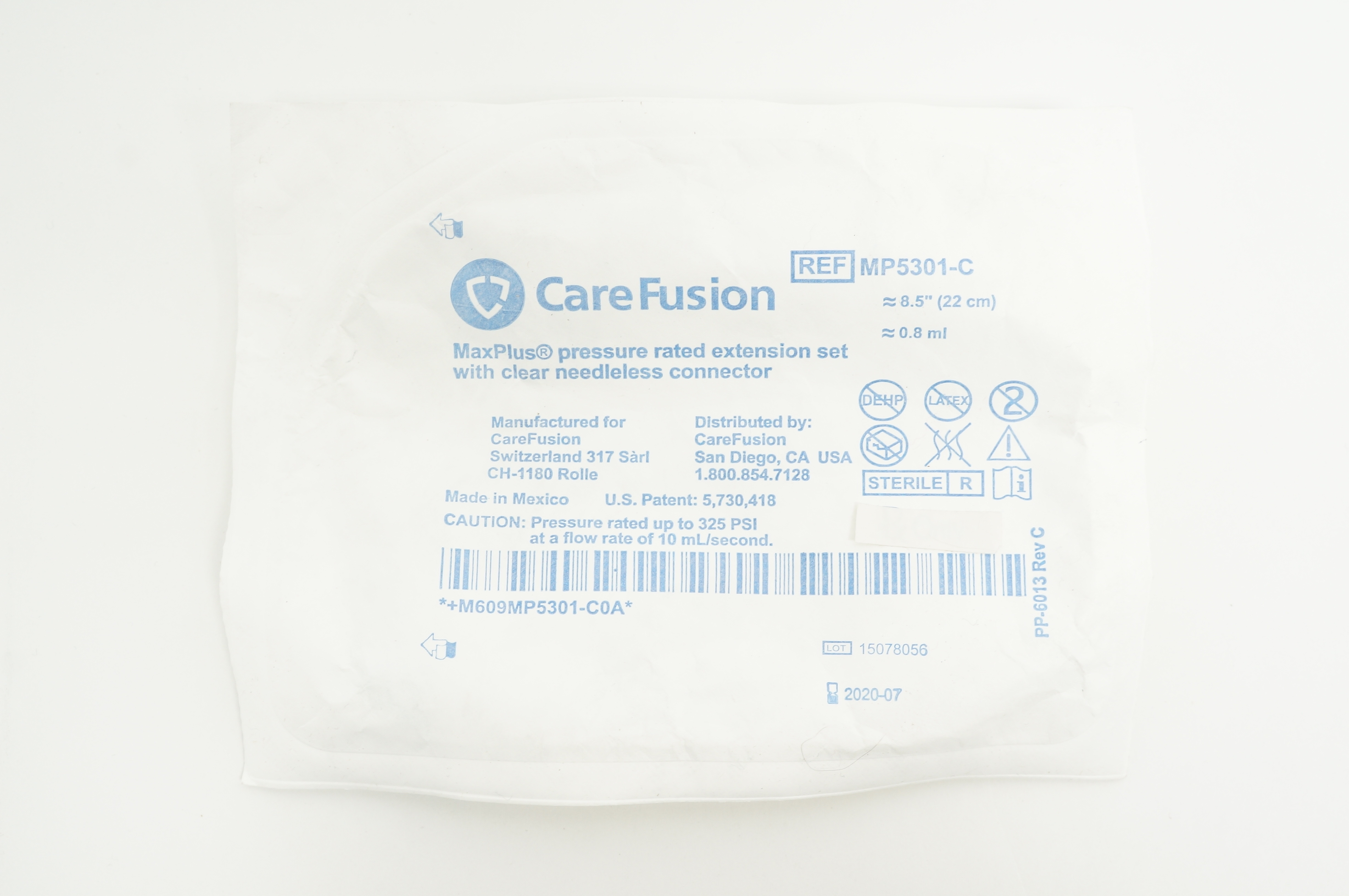 CareFusion MP5301C MaxPlus Pressure Rated Extension Set ≈8.5 inch, ≈0