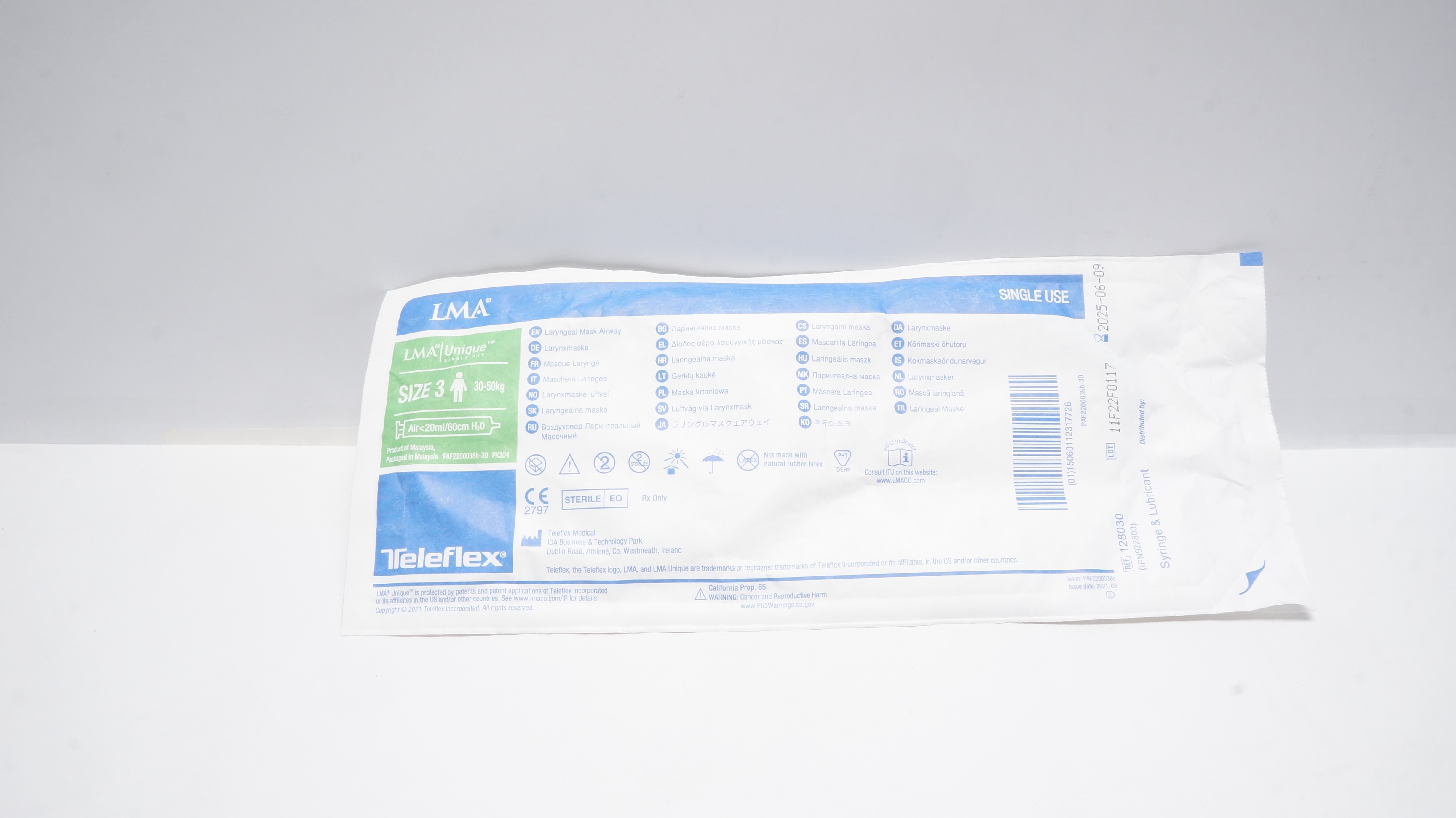Teleflex 128030 Unique Laryngeal Mask Airway, Size 3 30-50kg, Air <20ml/60cm H2O