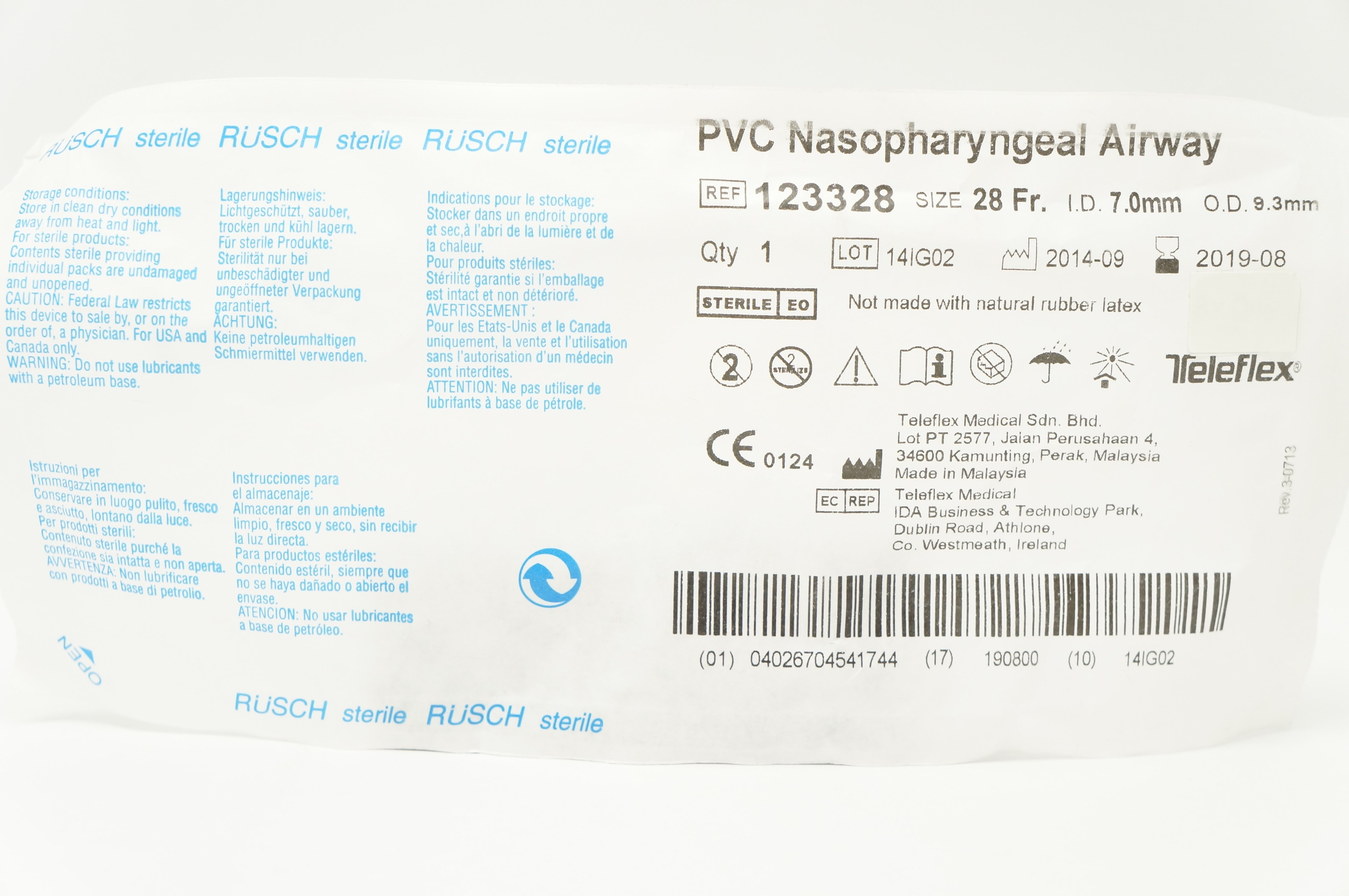Teleflex 123328 PVC Nasopharyngeal Airway 28Fr. x ID 7.0mm x OD 9.3mm
