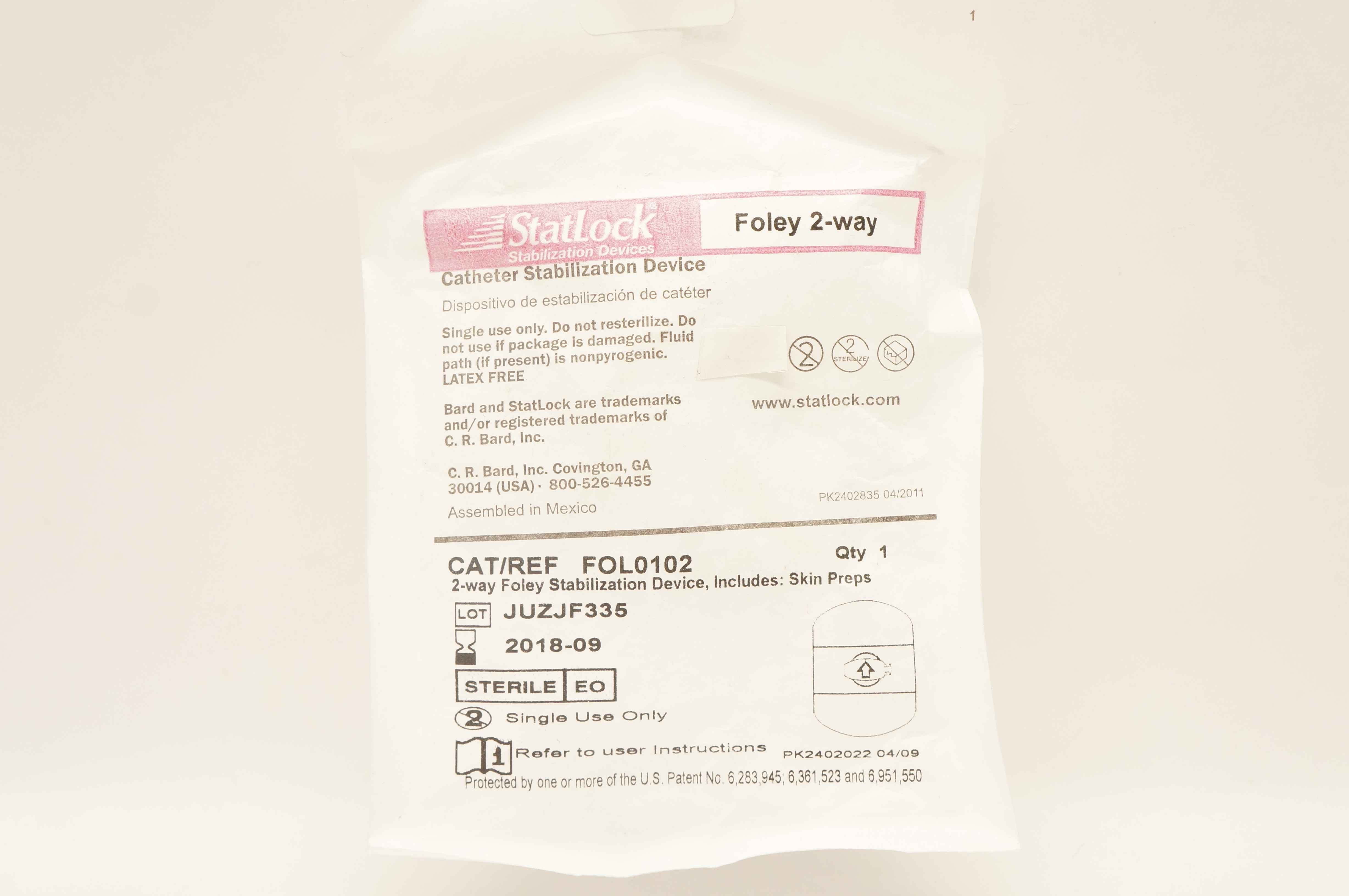 Bard FOL0102 StatLock Cath. Stabilization Device Foley 2-way (x)