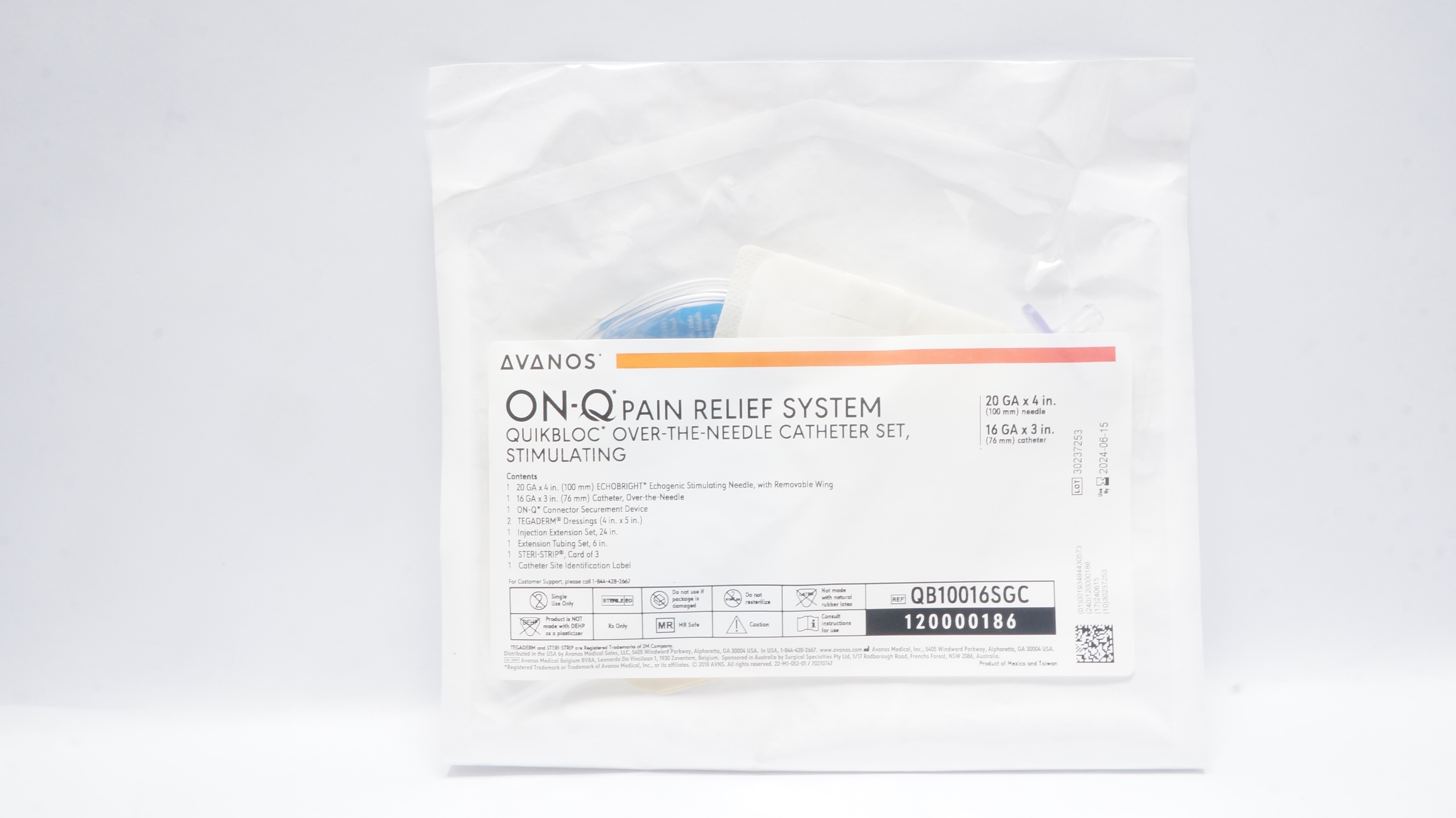 Avanos QB10016SGC On-Q Quikbloc Ndle Cath. Set 16Ga x 3inch Ndle 20GA x 4inch(x)