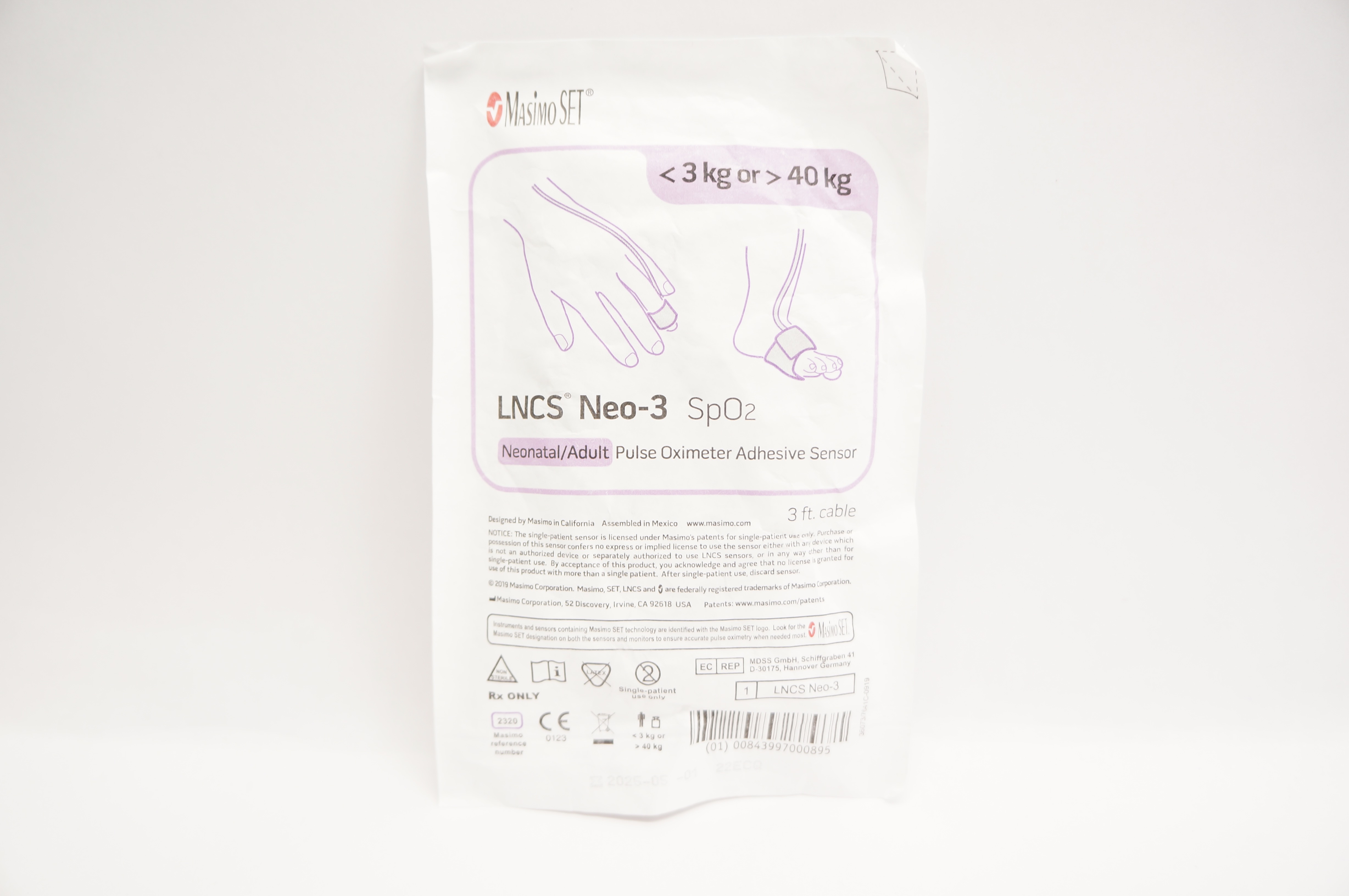 MasimoSet 2320 LNCS Neo-3 SpO₂ Pulse Oximeter Adhesive Sensor <3kg or > 40kg