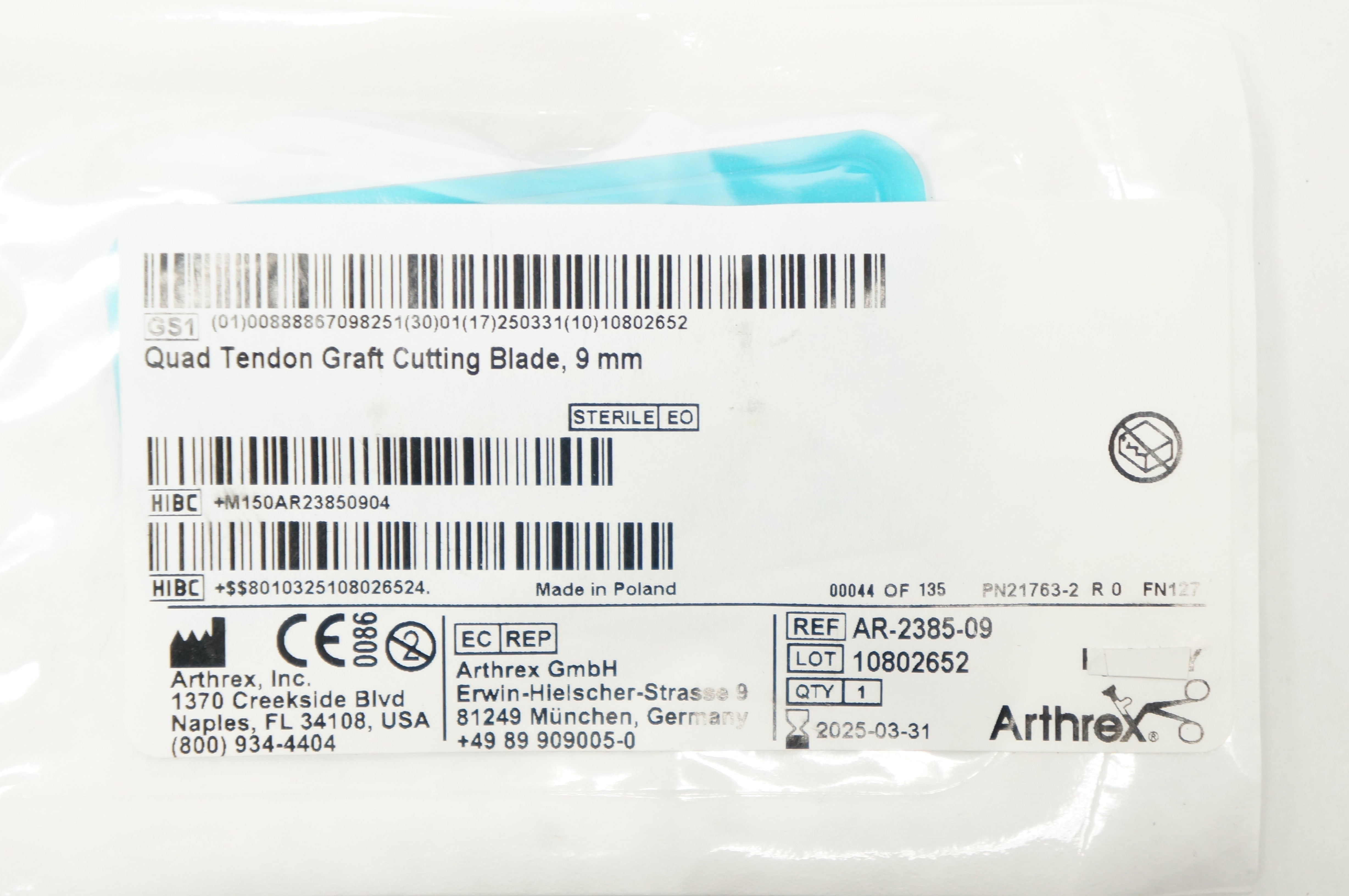 Arthrex AR-2385-09 Quad Tendon Graft Cutting Blade 9mm