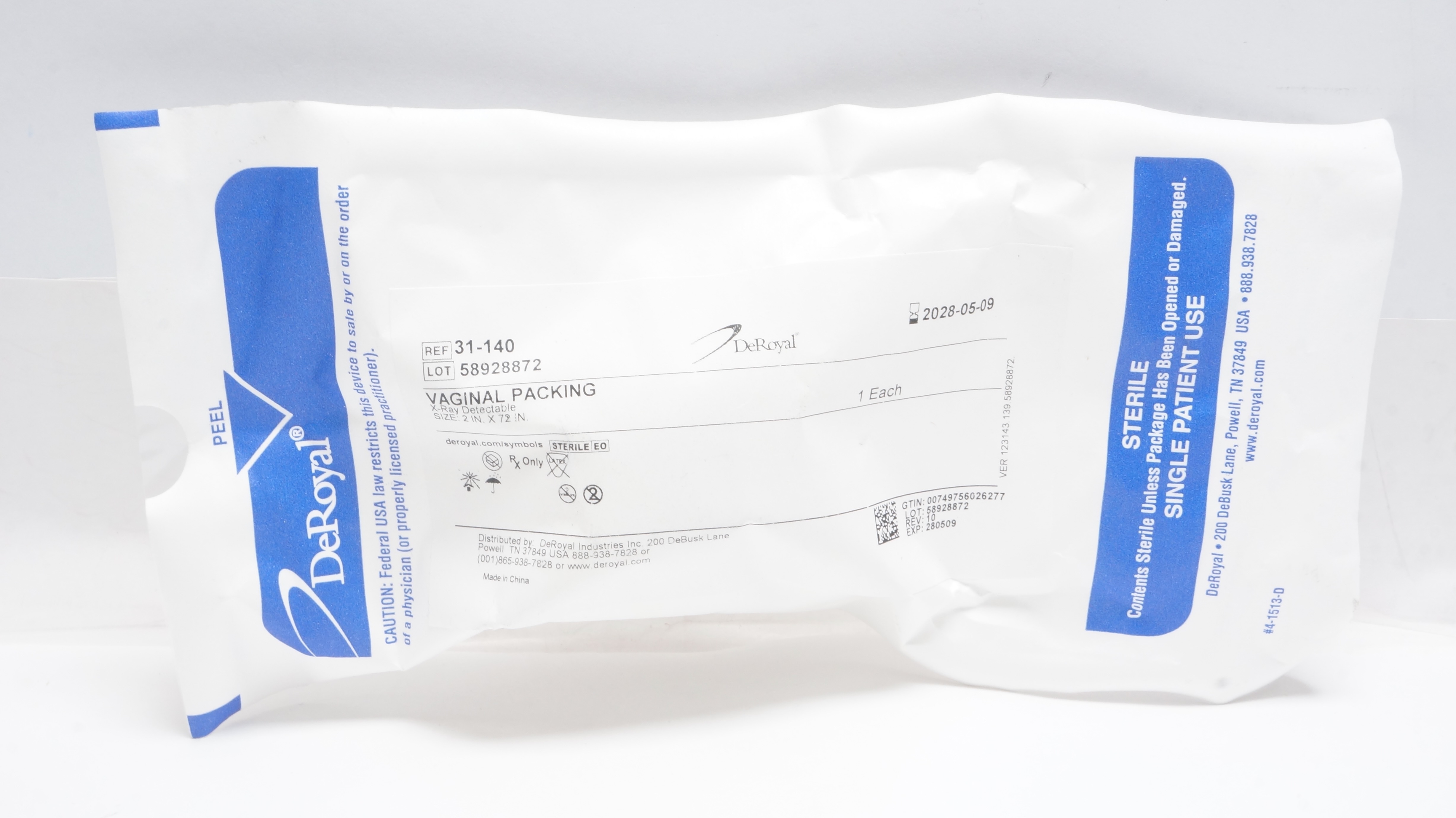 DeRoyal 31-140 Vaginal Packing X-Ray Detectable 2inch x 72inch