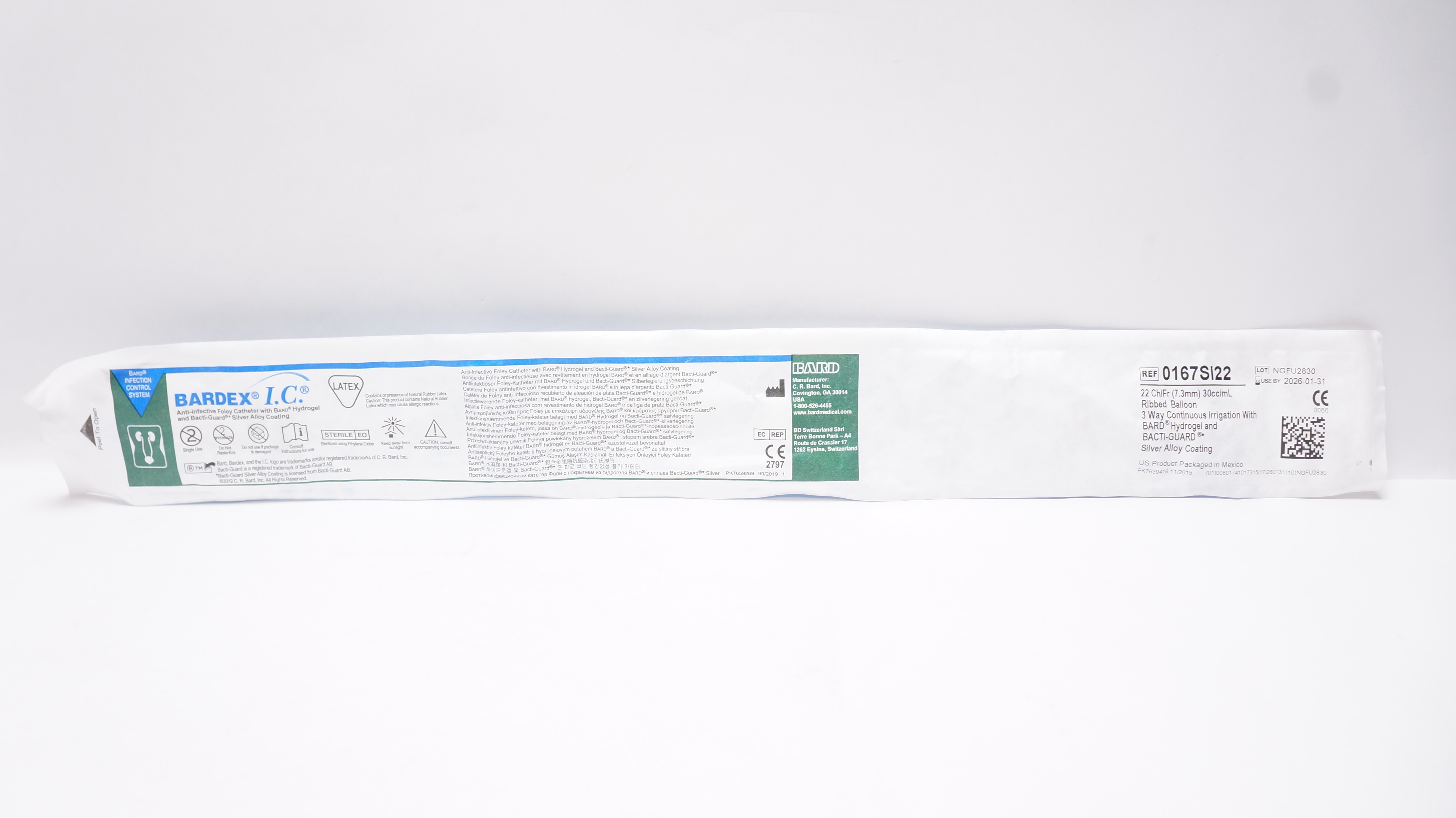 Bard 0167SI22 Bardex IC AntiInfective Foley Cath. 22Ch/Fr 30cc/mL Ribbed Balloon