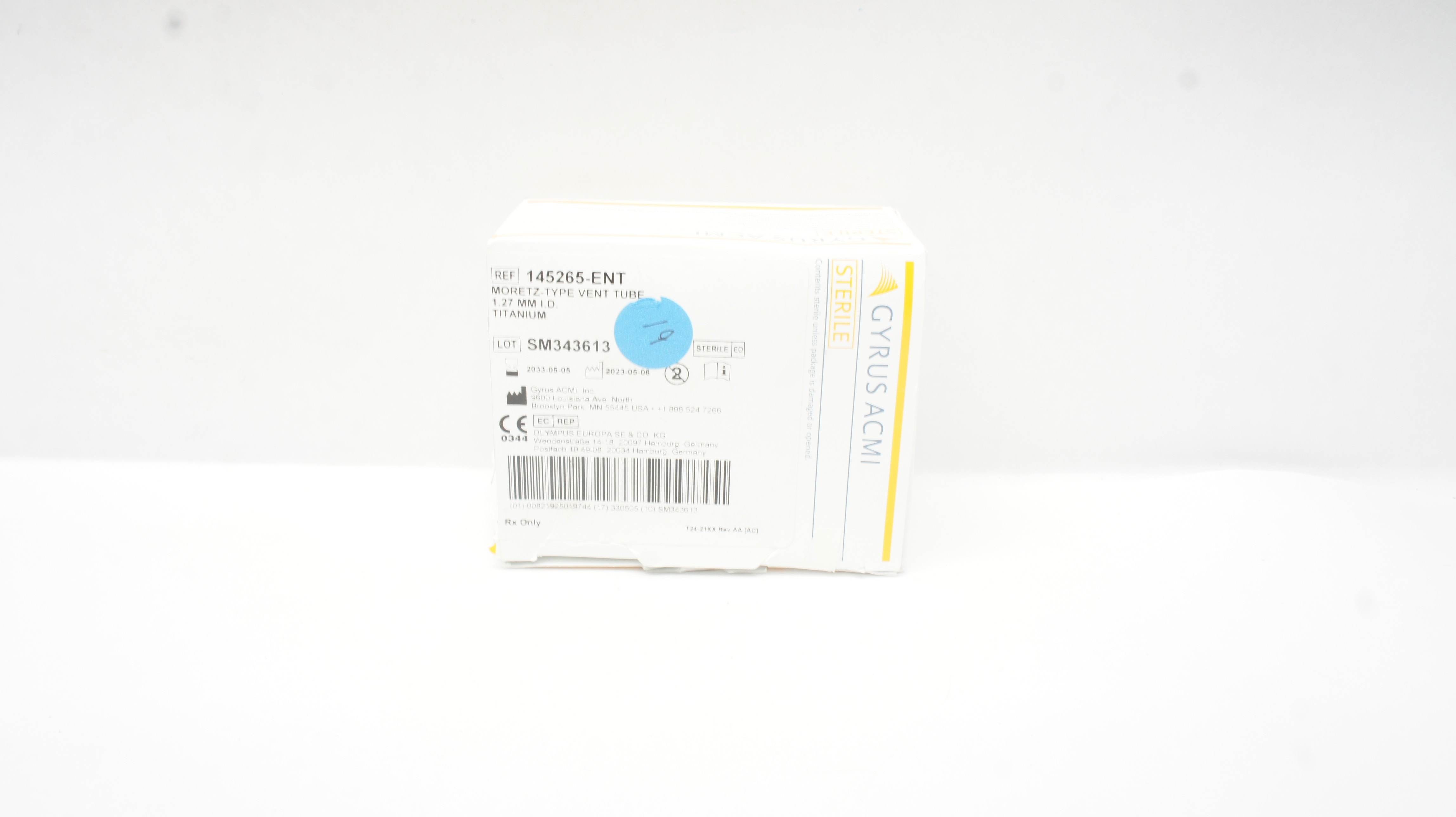 Gyrus Acmi 145265ENT MoretzType Vent Tube Titanium 1.27mm Box of 6