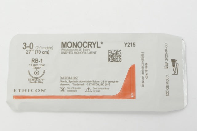Ethicon Y215 3-0 MONOCRYL Poliglecaprone 25 Stre RB-1 17mm 1/2c Taper 27 in.