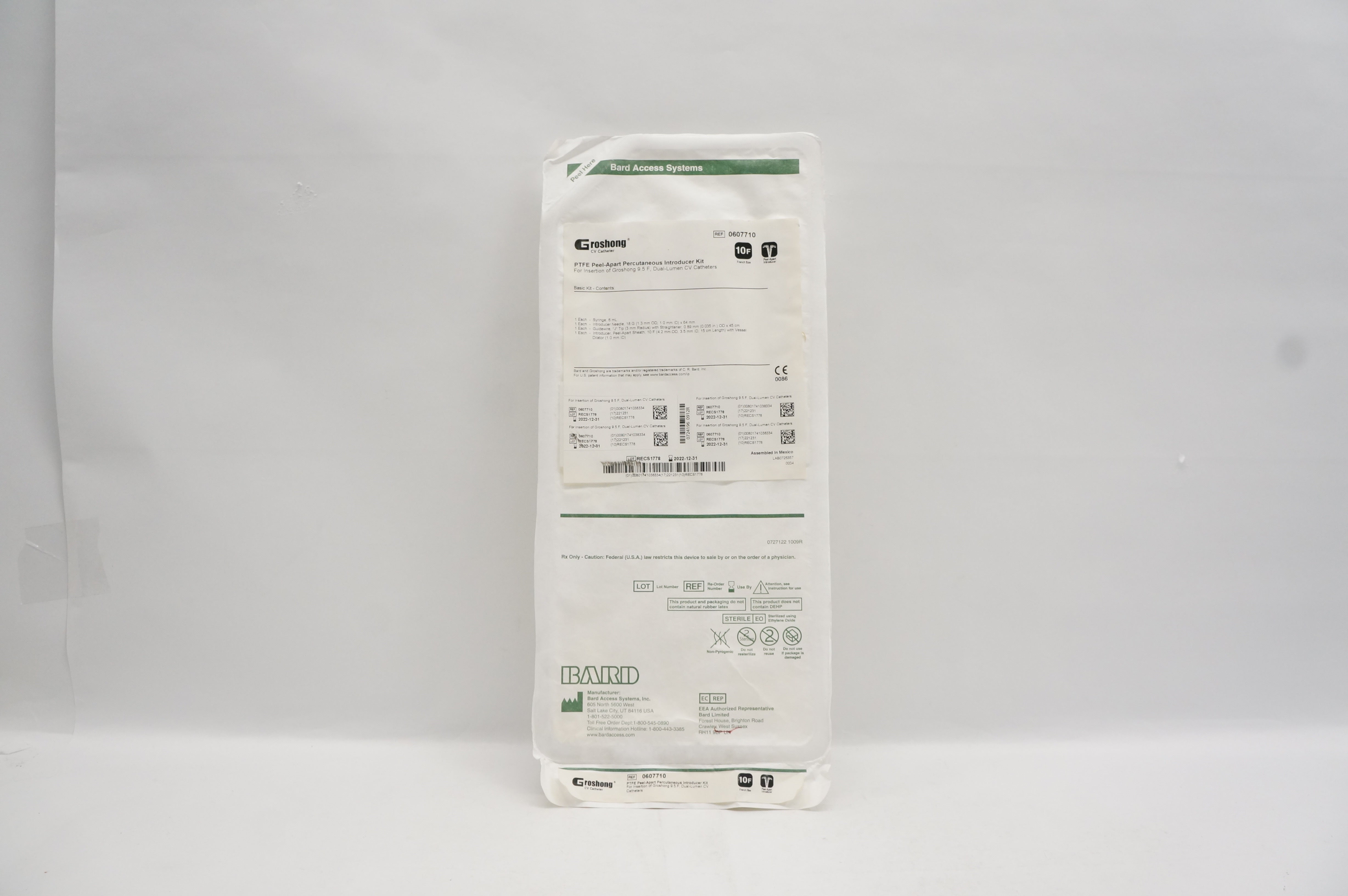 Bard 0607710 Groshong PTFE Peel-Apart Percutaneous Introducer Kit 10F