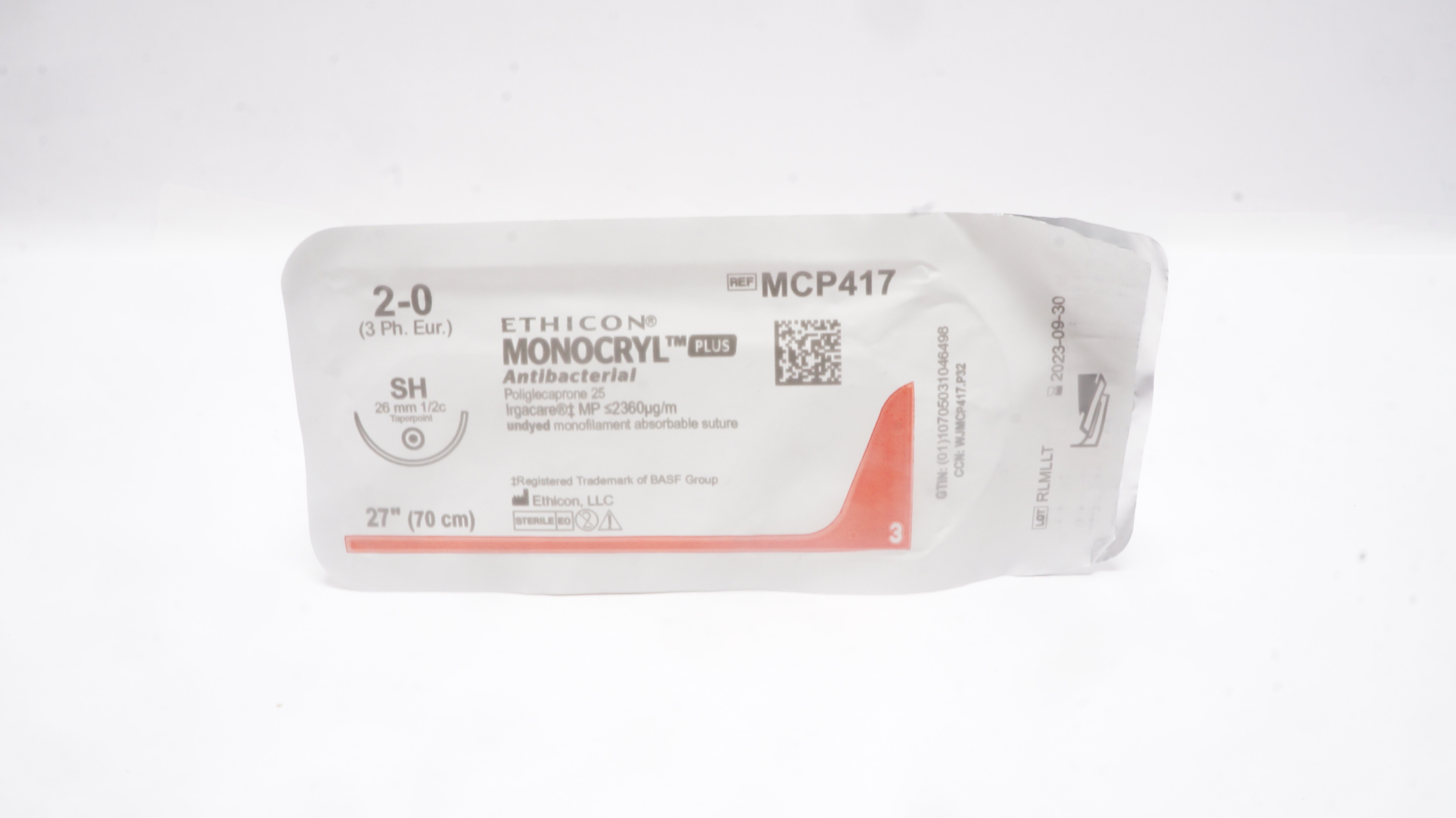 Ethicon MCP417 2-0 MONOCRYL Plus, SH,  26mm 1/2c Taper, 27inch