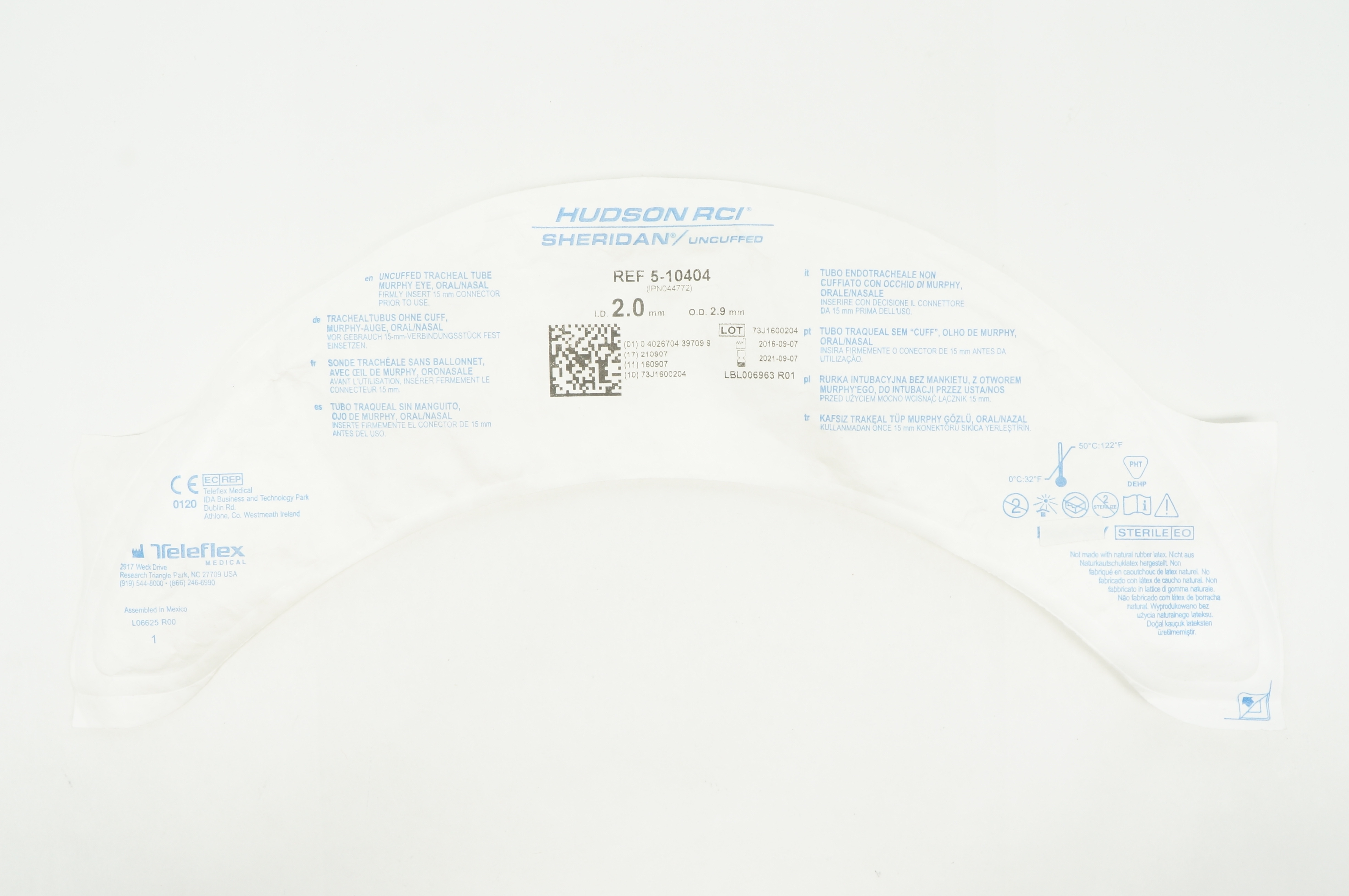 Teleflex 5-10404 Hudson RCI Sheridan HVT Uncuffed Tracheal Tube 2.0 x 2.9