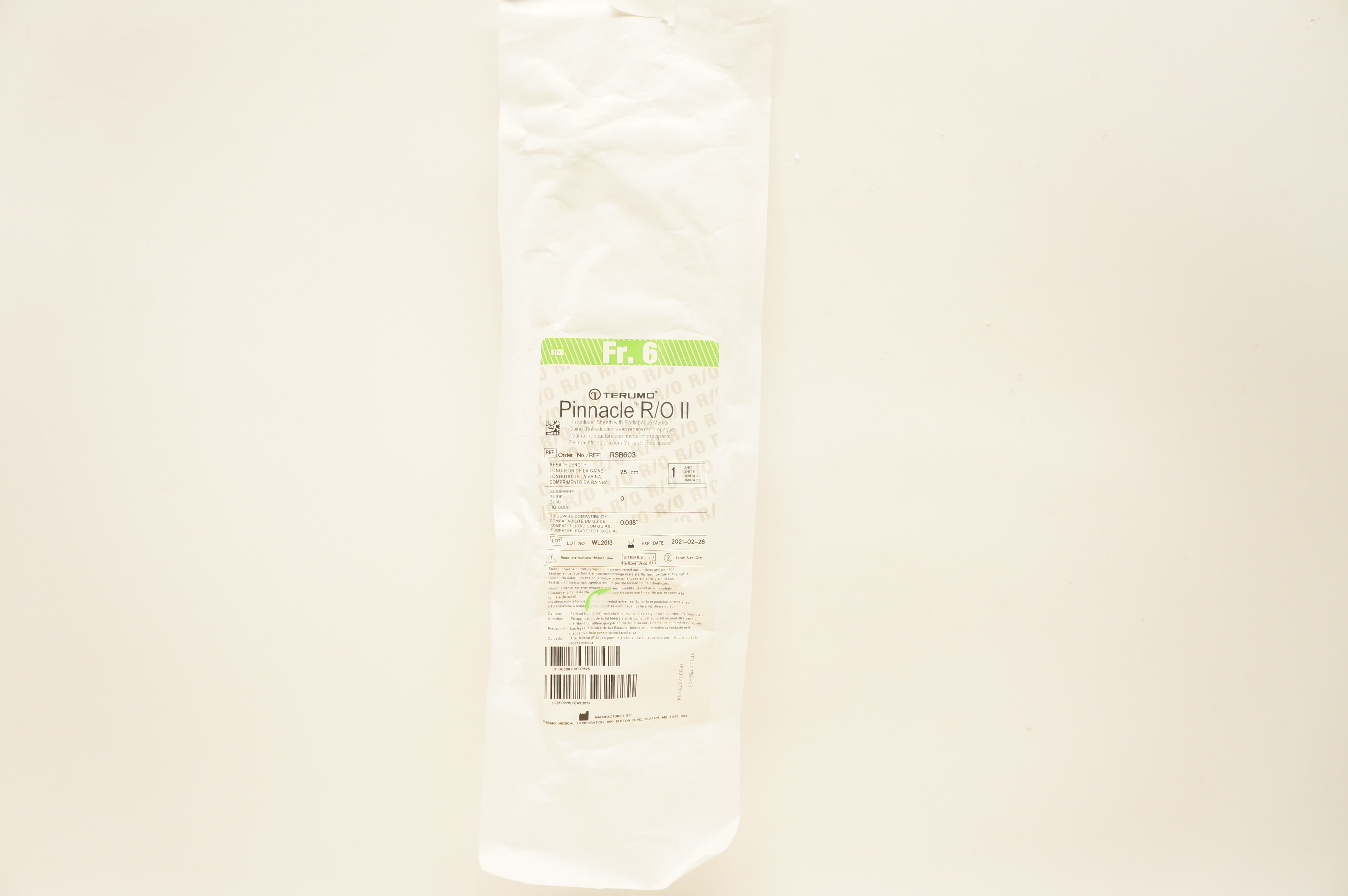 Terumo RSB603 Pinnacle R/O II Introducer Sheath 6Fr. x 25cm (x)