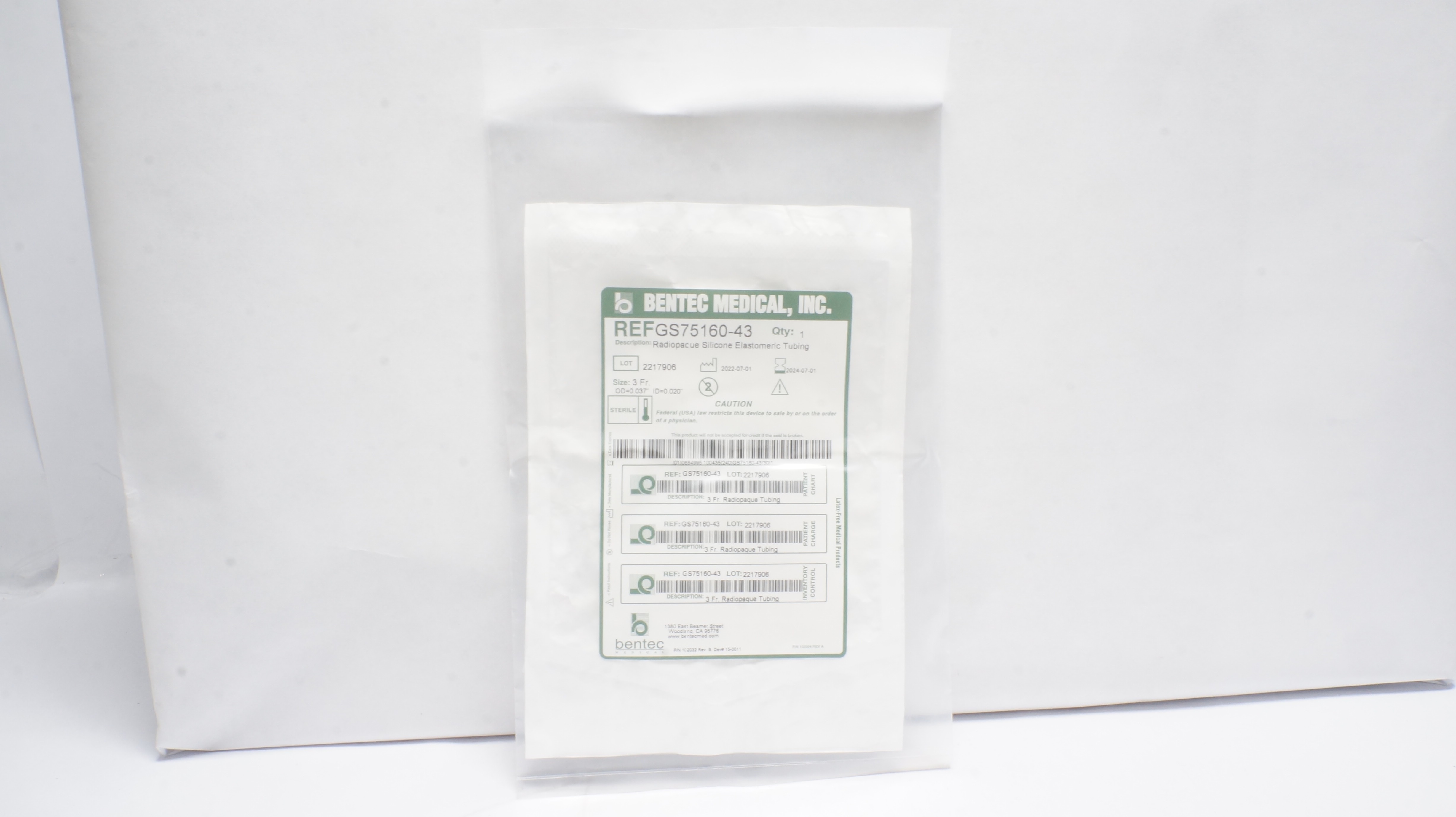 BENTEC MEDICAL GS75160-43 Radiopaque Silicone Tubing 3Fr x 100cm (x)