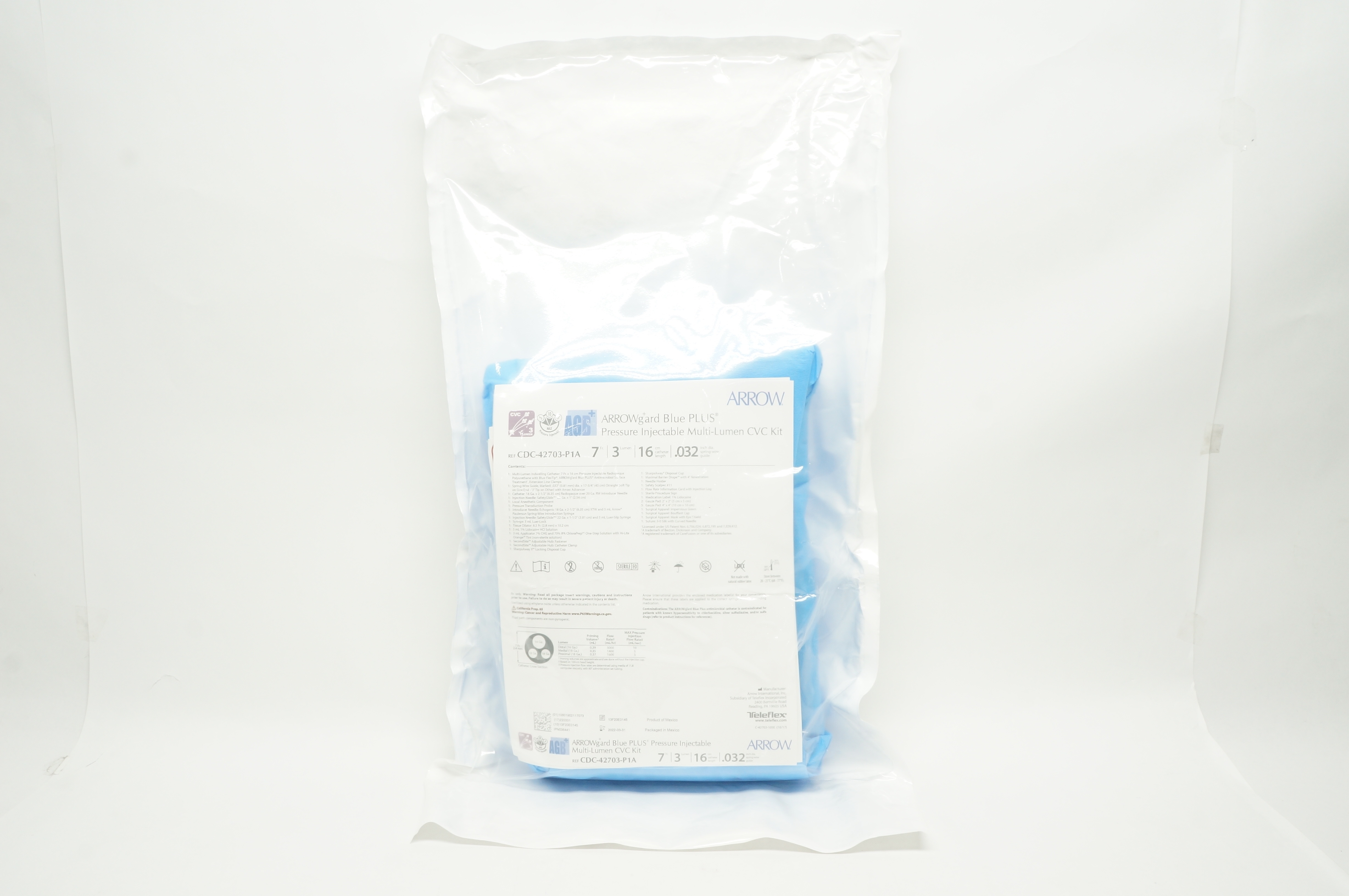 Teleflex CDC-42703-P1A Arrow Pressure Injectable Multi-Lumen CVC Kit 7Fr x 16cm
