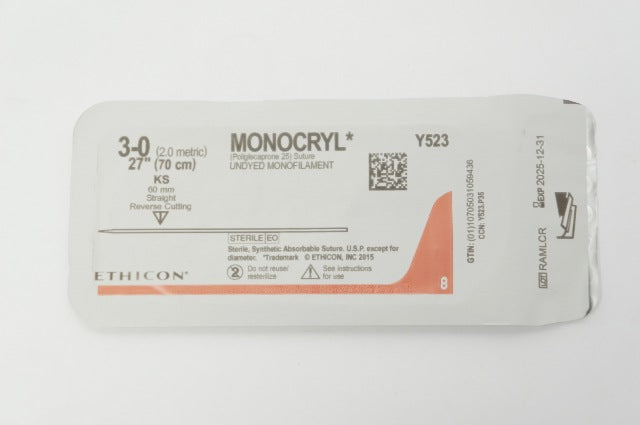 Ethicon Y523 3-0 MONOCRYL , KS, 60mm Straight Reverse Cutting, 27inch