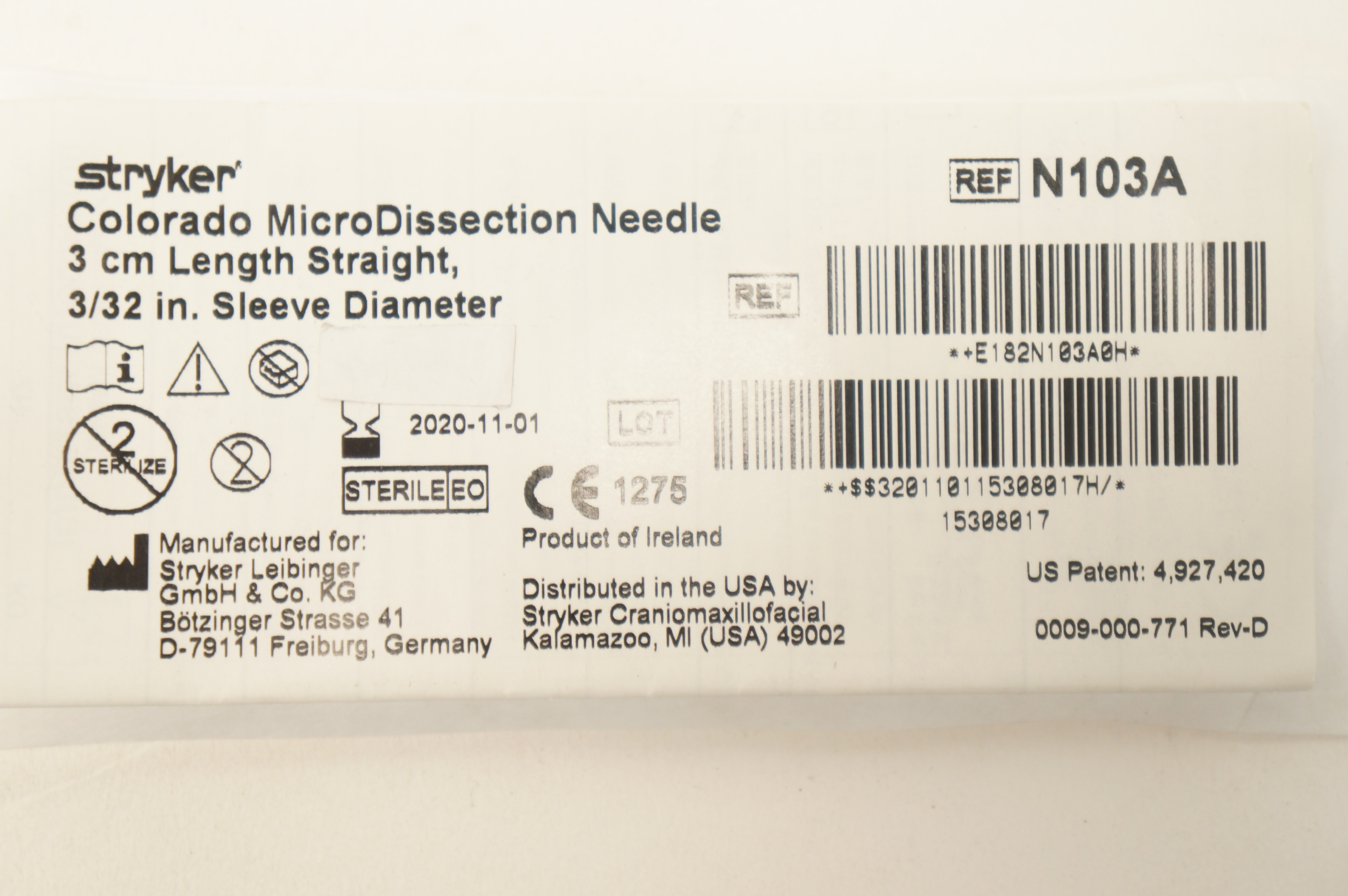 Stryker N103A Colorado MicroDissection Ndle 3cm x 3/32inch Sleeve Diameter (x)
