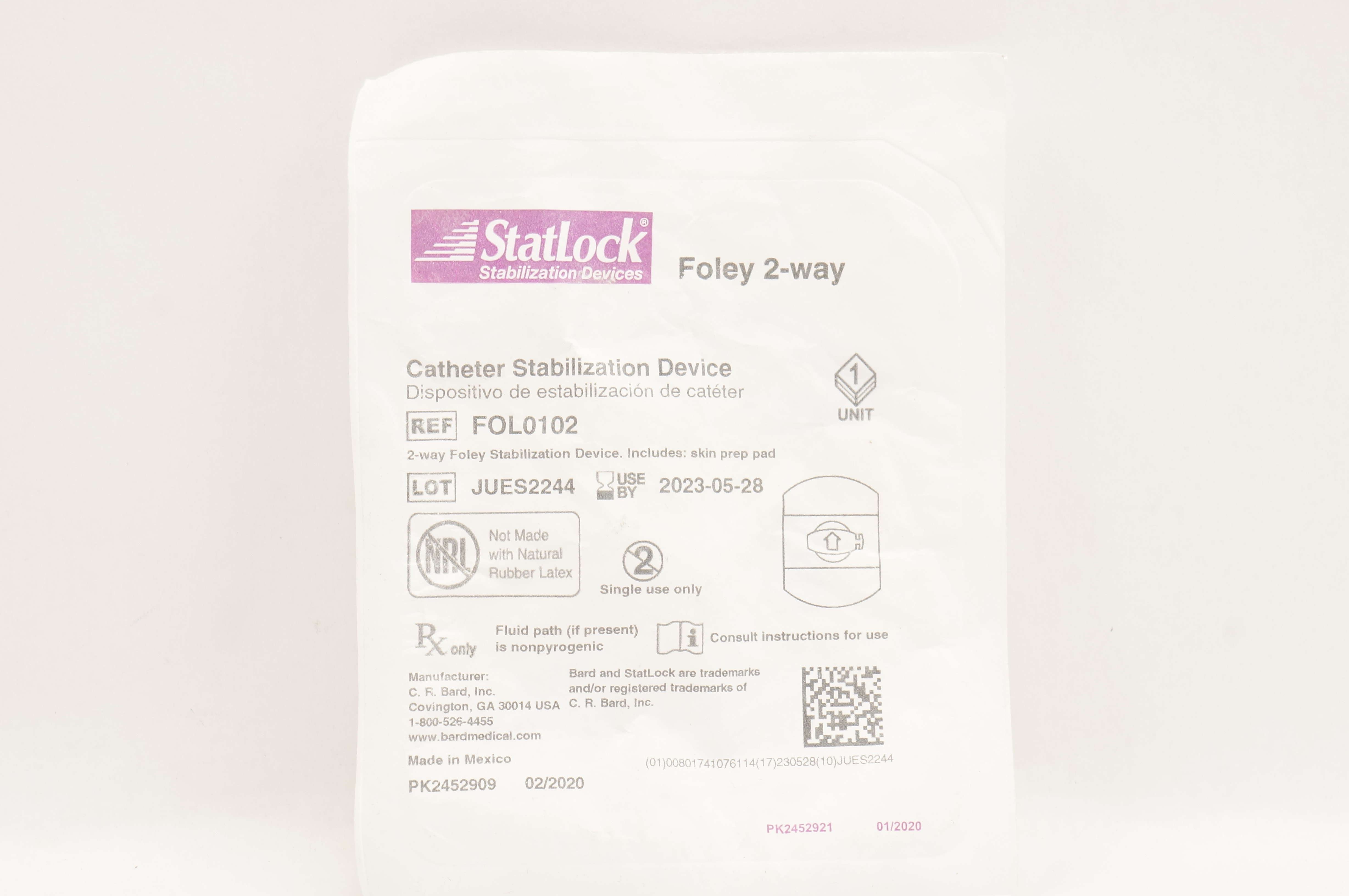 Bard FOL0102 Statlock Cath. Stabilization Device Foley 2-Way