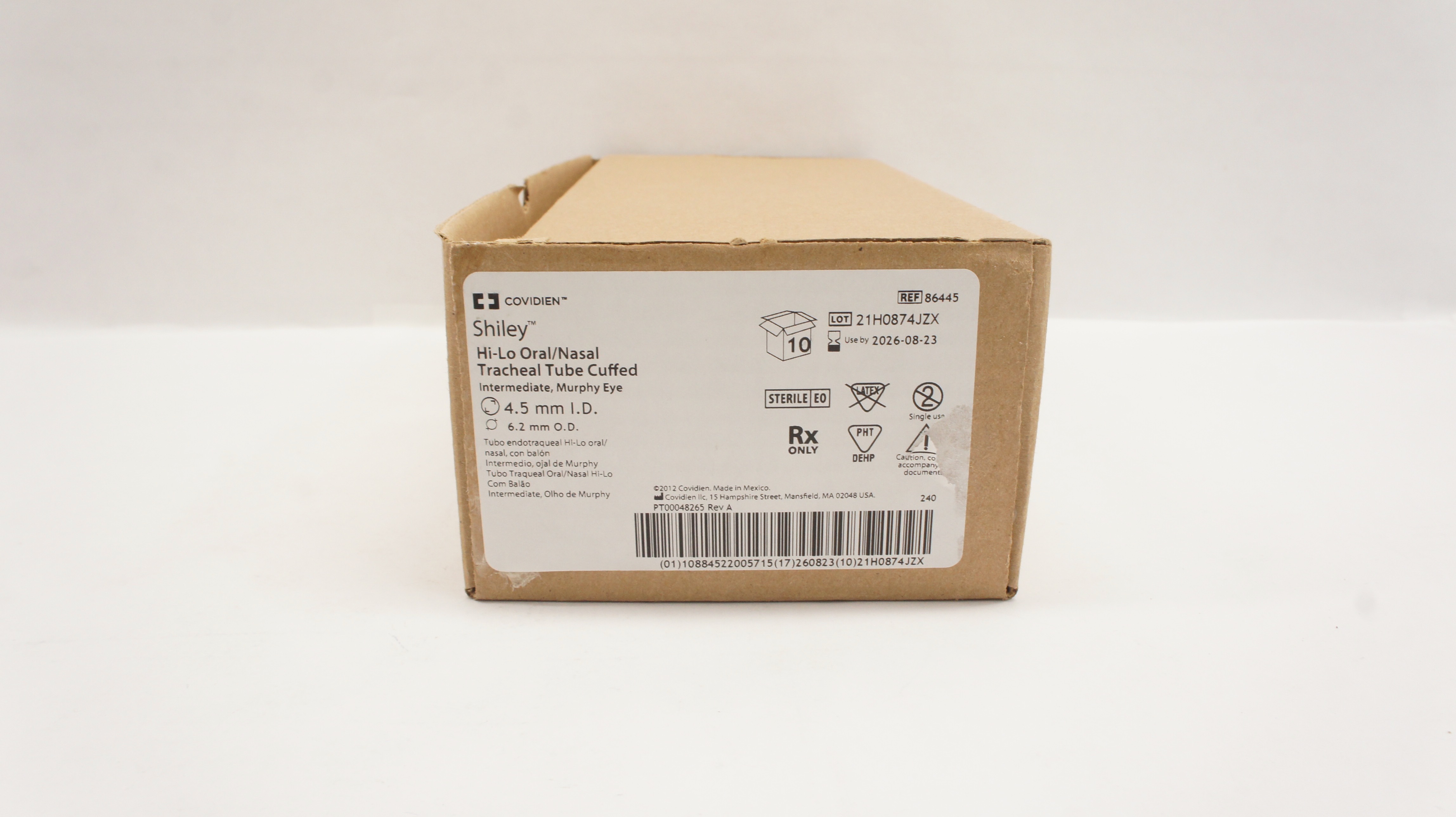 Covidien 86445 Shiley Hi-Lo Oral/Nasal Tracheal Tube Cuffled 4.5x6.2mm-Case of10